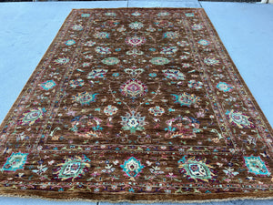 7x10 (215x305) Handmade Afghan Rug | Chocolate Brown Turquoise Fuchsia Blush Pink Teal Ivory Blue Orange Green Grey | Floral Tribal Wool