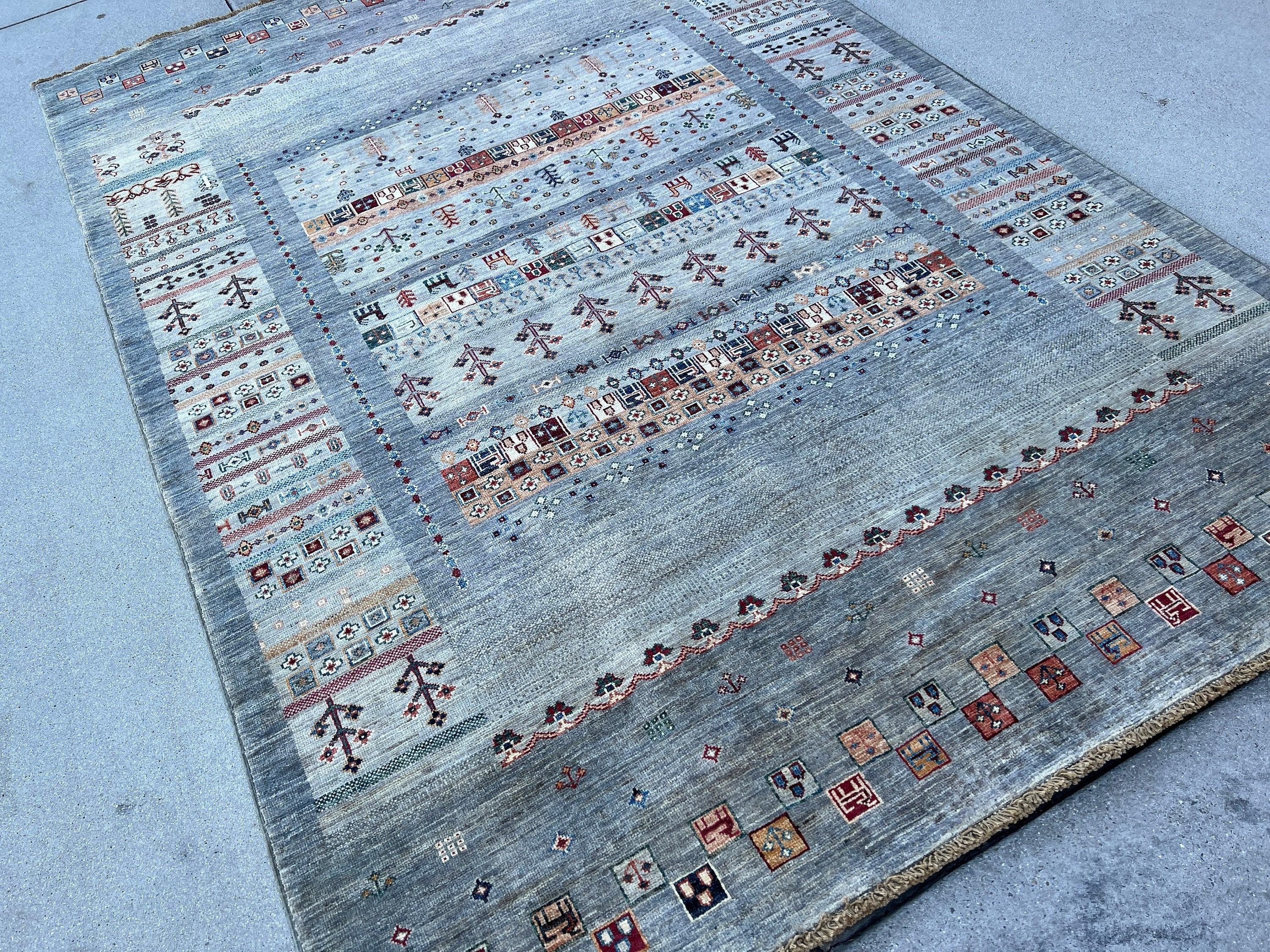 6x8 (180x245) Hand Knotted Afghan Rug | Grey Charcoal Burnt Orange Maroon Yellow Denim Blue Coral Green Navy Cream Beige | Floral Wool