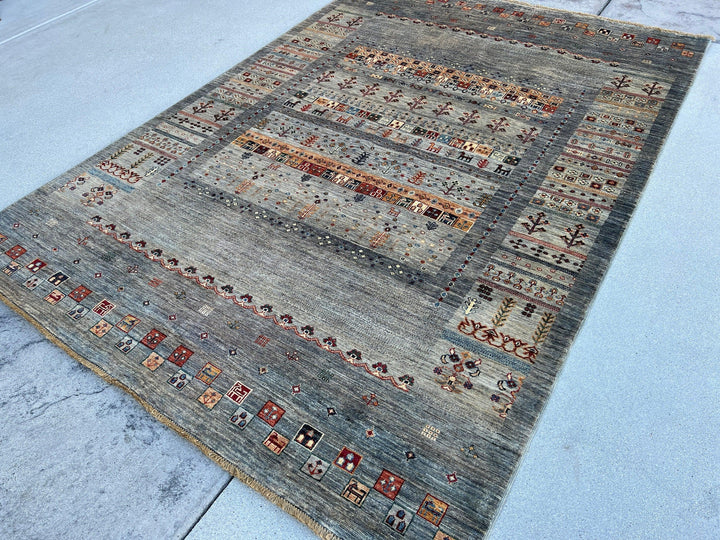 6x8 (180x245) Hand Knotted Afghan Rug | Grey Charcoal Burnt Orange Maroon Yellow Denim Blue Coral Green Navy Cream Beige | Floral Wool