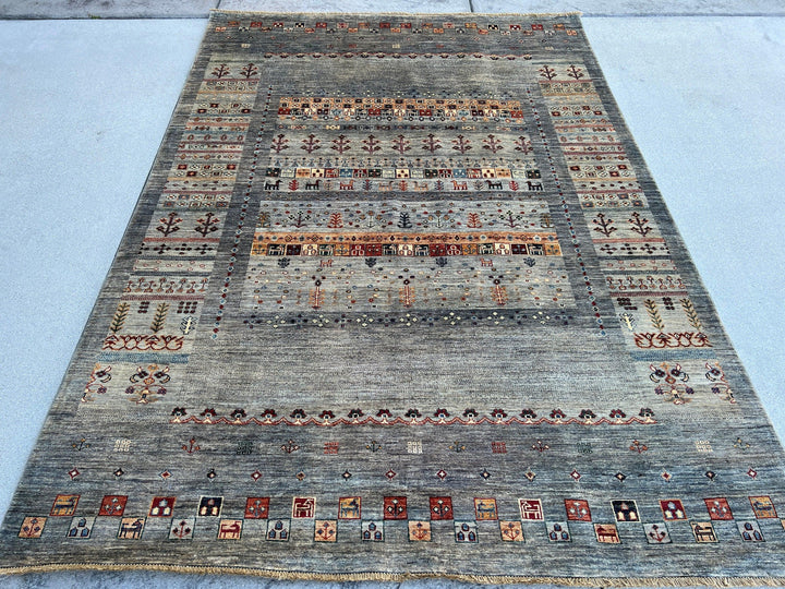 6x8 (180x245) Hand Knotted Afghan Rug | Grey Charcoal Burnt Orange Maroon Yellow Denim Blue Coral Green Navy Cream Beige | Floral Wool