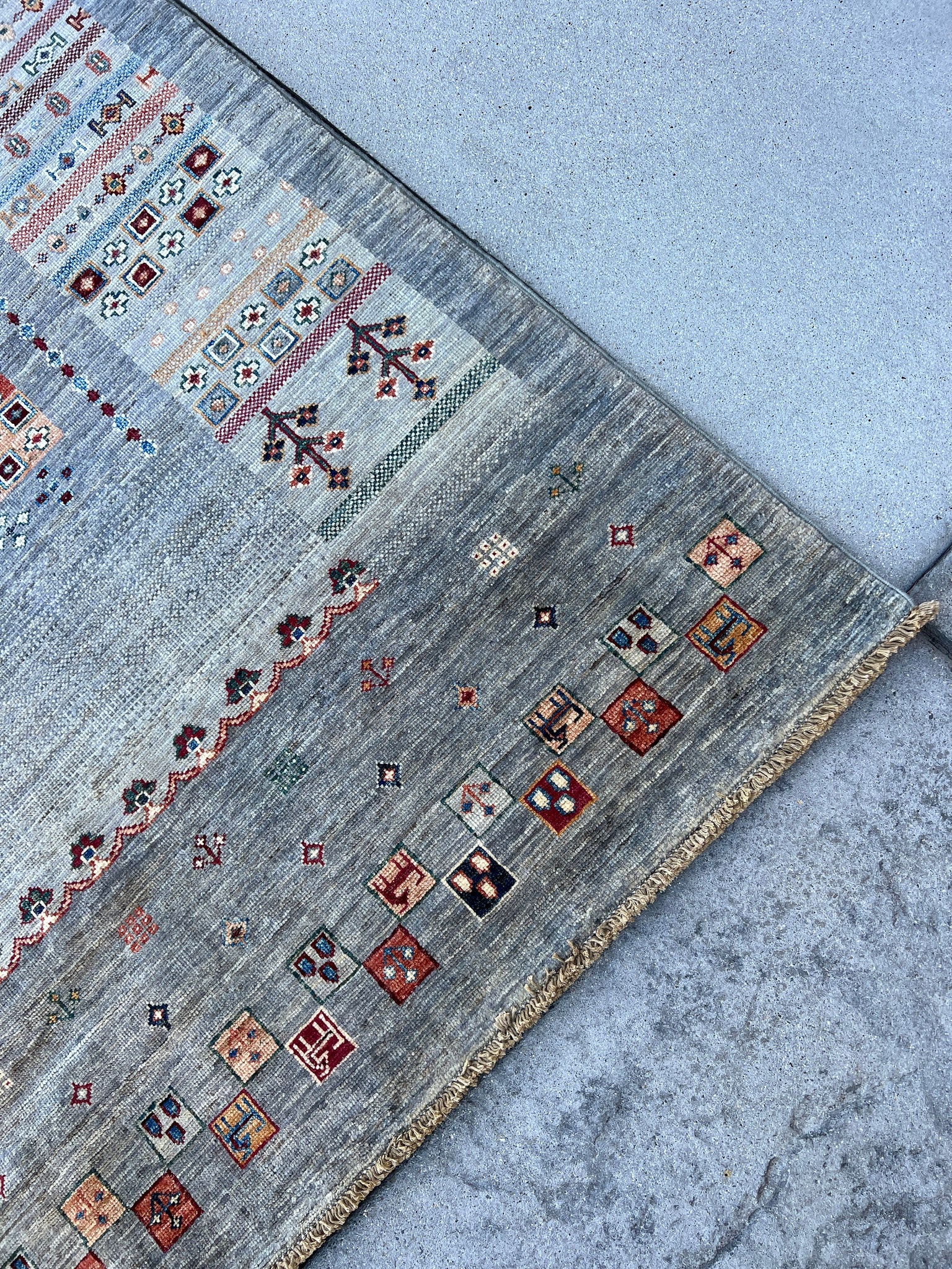 6x8 (180x245) Hand Knotted Afghan Rug | Grey Charcoal Burnt Orange Maroon Yellow Denim Blue Coral Green Navy Cream Beige | Floral Wool
