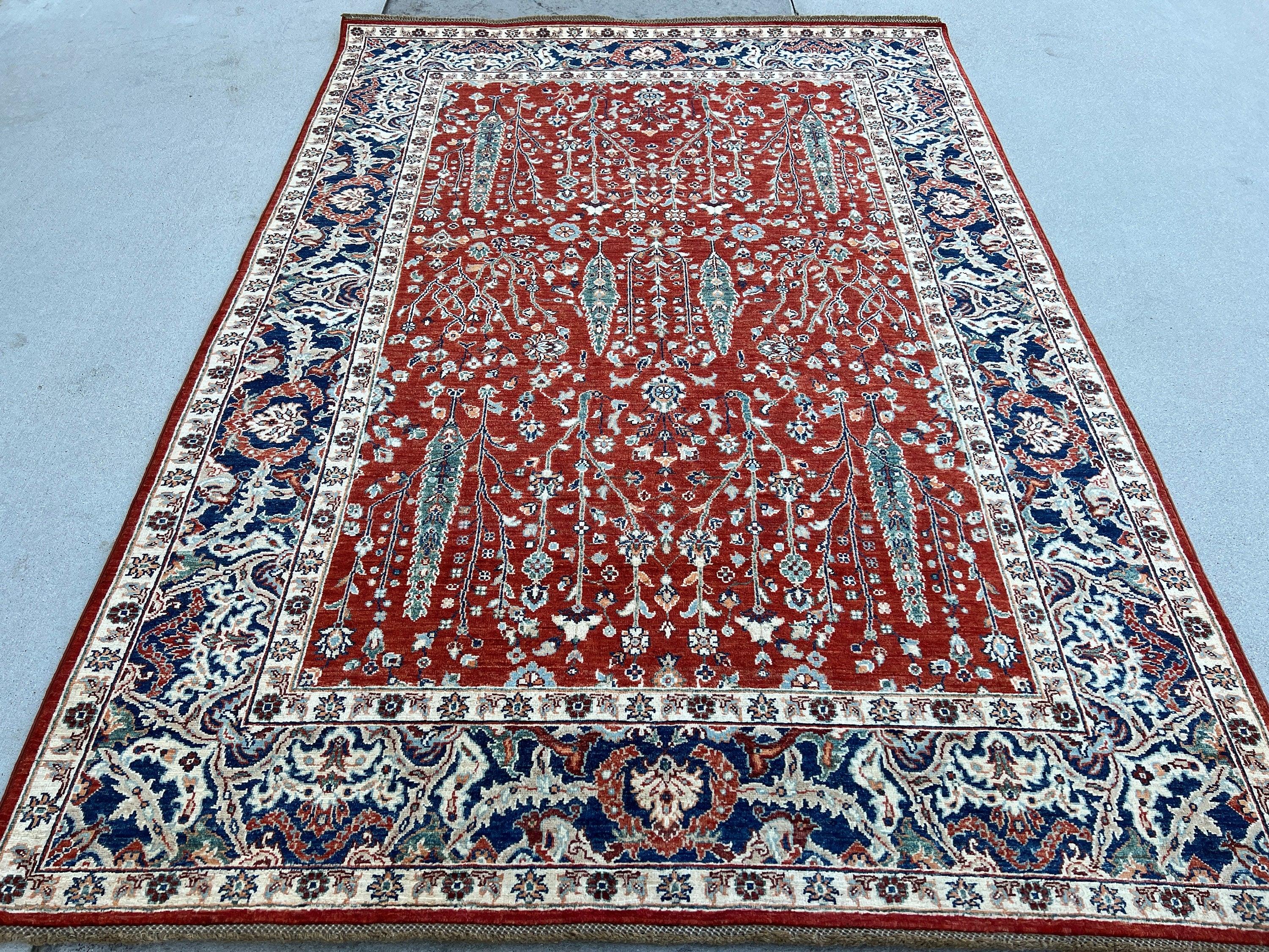 6x8 (180x245) Hand Knotted Afghan Rug | Red Burnt Orange Navy Blue Sky Blue Turquoise Green Teal Maroon Ivory Cream Beige Orange Light Brown