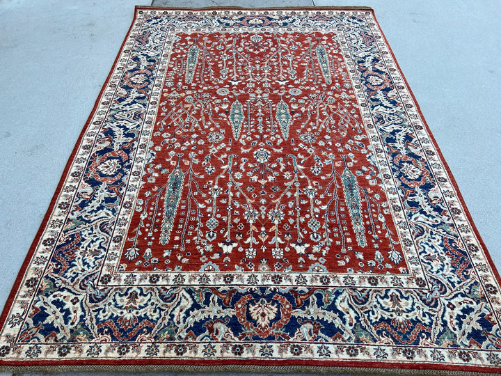 6x8 (180x245) Hand Knotted Afghan Rug | Red Burnt Orange Navy Blue Sky Blue Turquoise Green Teal Maroon Ivory Cream Beige Orange Light Brown