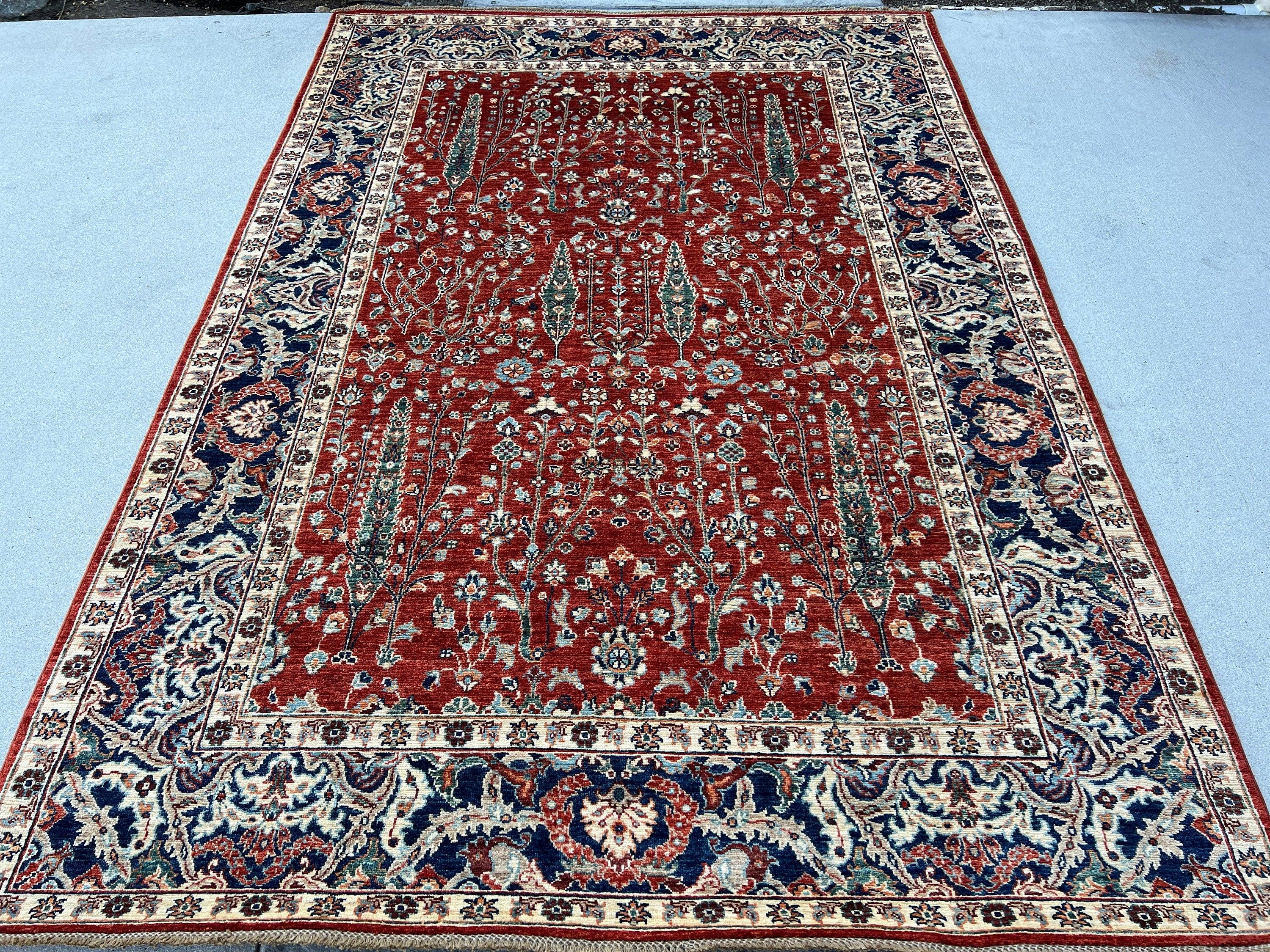 6x8 (180x245) Hand Knotted Afghan Rug | Red Burnt Orange Navy Blue Sky Blue Turquoise Green Teal Maroon Ivory Cream Beige Orange Light Brown