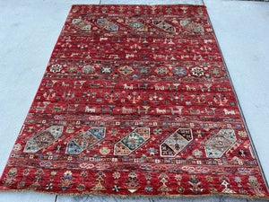 5x7 (150x215) Handmade Afghan Rug | Red Turquoise Teal Jean Blue Cream Beige Orange Maroon Chocolate Brown Sky Blue | Geometric Tribal Wool
