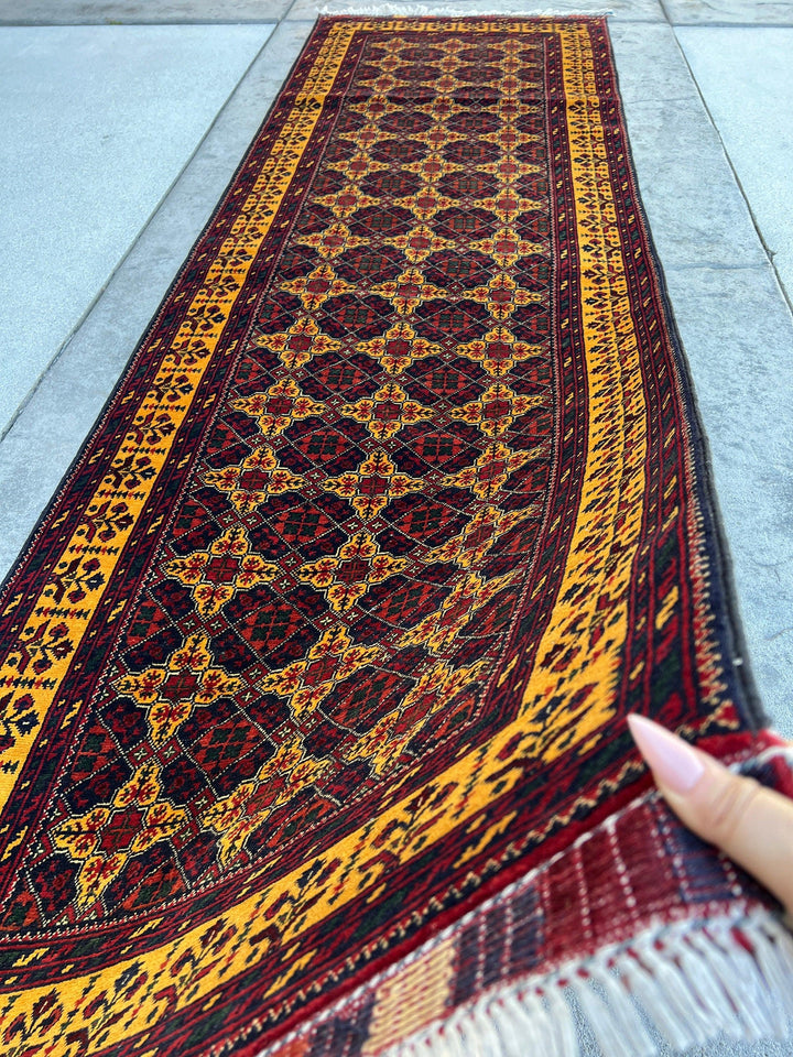 3x10 (90x305) Handmade Afghan Runner Rug | Ruby Red Cherry Red Navy Blue Gold Yellow Green  | Flat Weave Tribal Turkish Moroccan