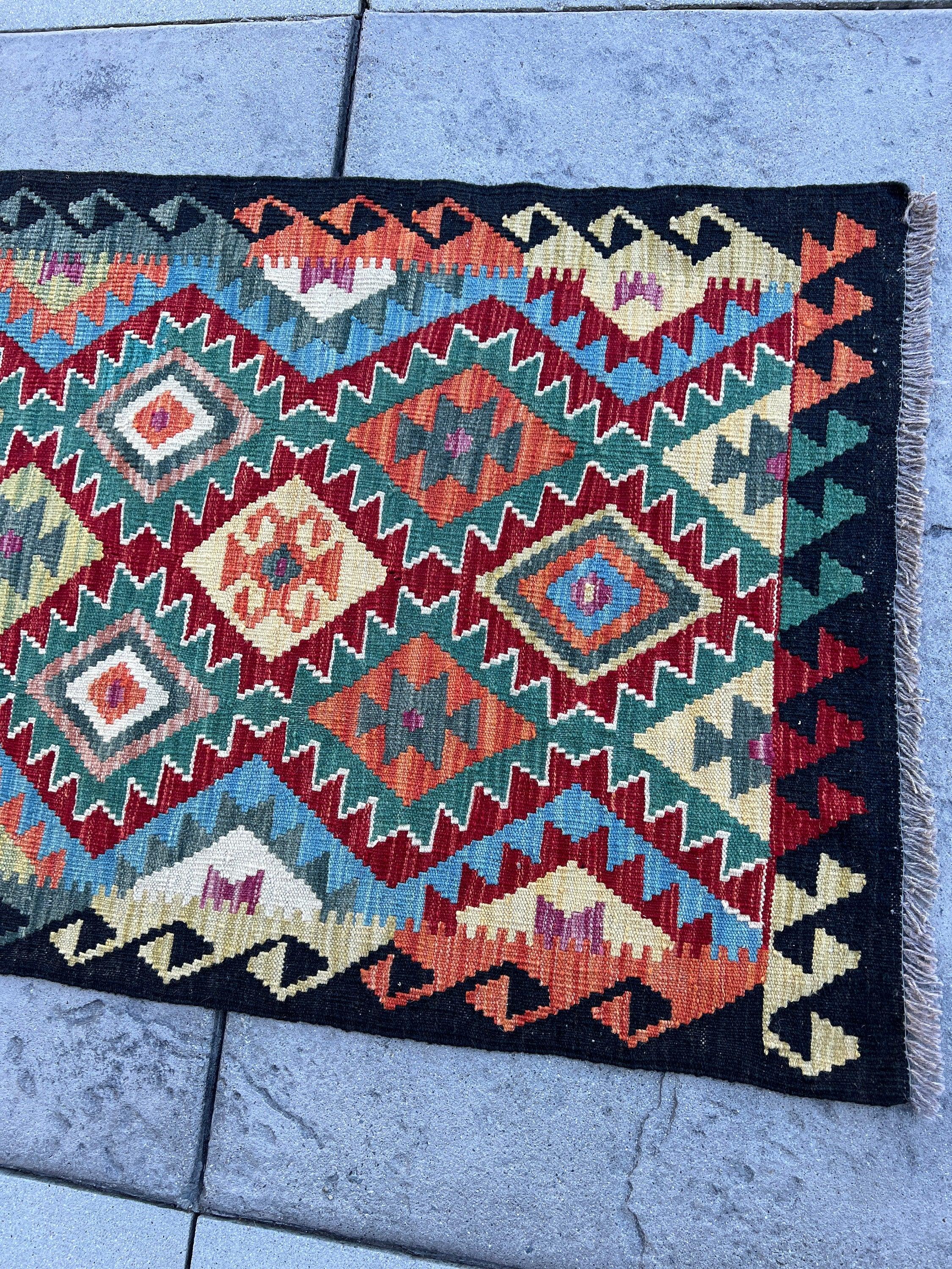 3x13 (90x395) Handmade Afghan Kilim Rug Runner | Red Lime Green Sky Blue Teal Orange Black Grey | Flatweave Tribal Oriental Boho