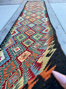 3x13 (90x395) Handmade Afghan Kilim Rug Runner | Red Lime Green Sky Blue Teal Orange Black Grey | Flatweave Tribal Oriental Boho
