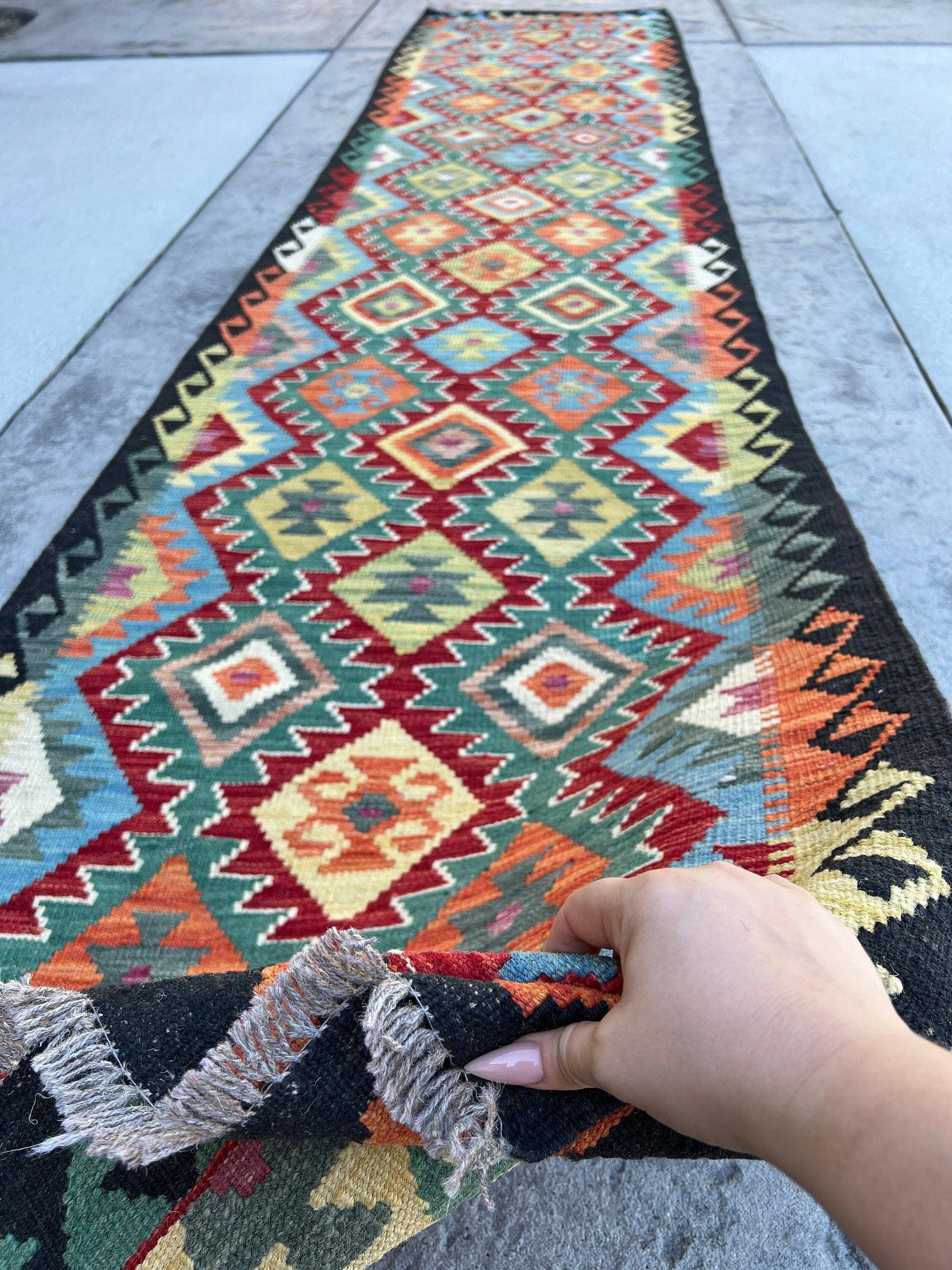 3x13 (90x395) Handmade Afghan Kilim Rug Runner | Red Lime Green Sky Blue Teal Orange Black Grey | Flatweave Tribal Oriental Boho