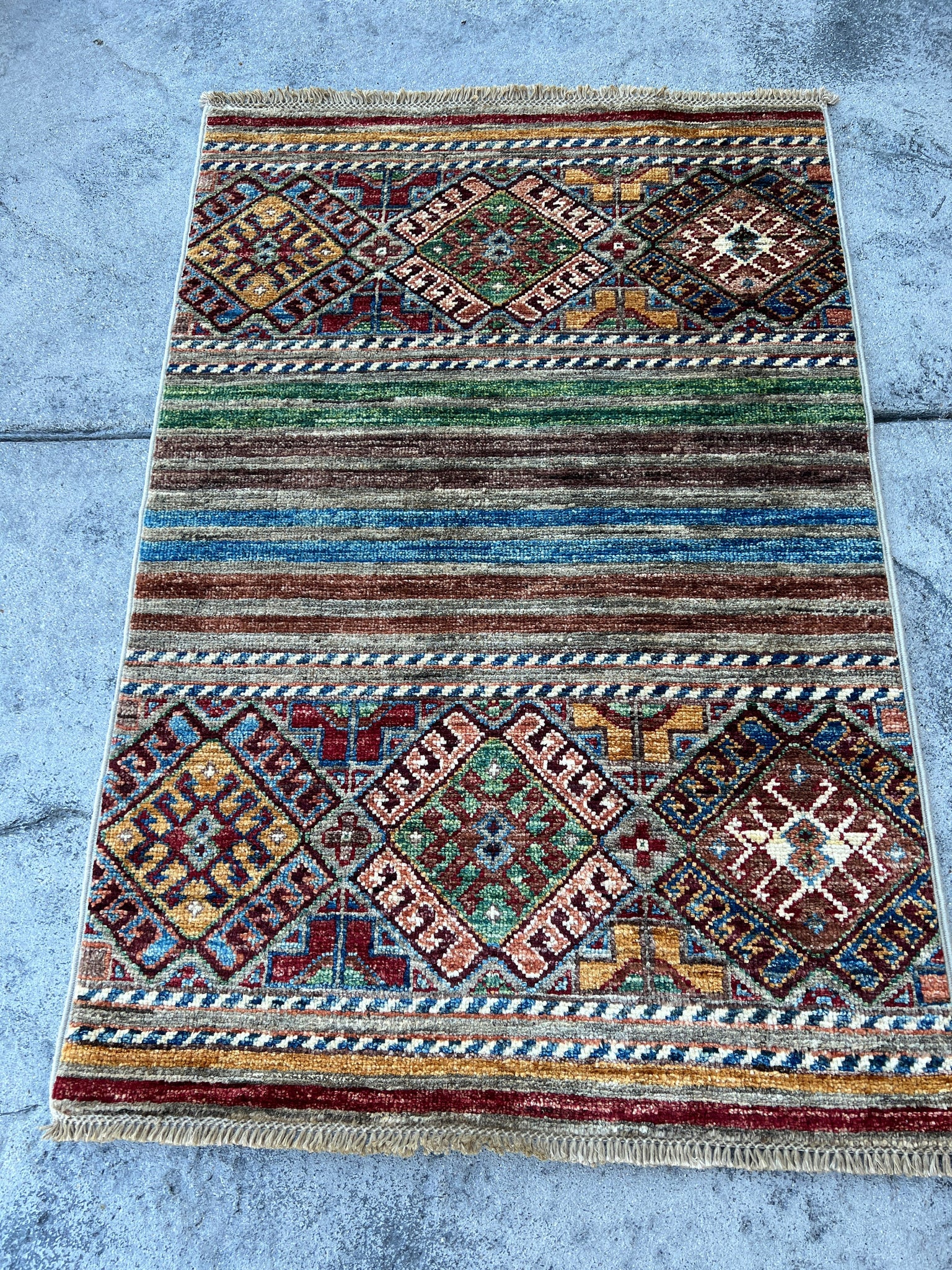 3x4 (90x120) Handmade Afghan Rug | Charcoal Grey Orange Teal Red Orange Ivory Blue Chocolate Brown Black Turquoise | Tribal Wool Boho