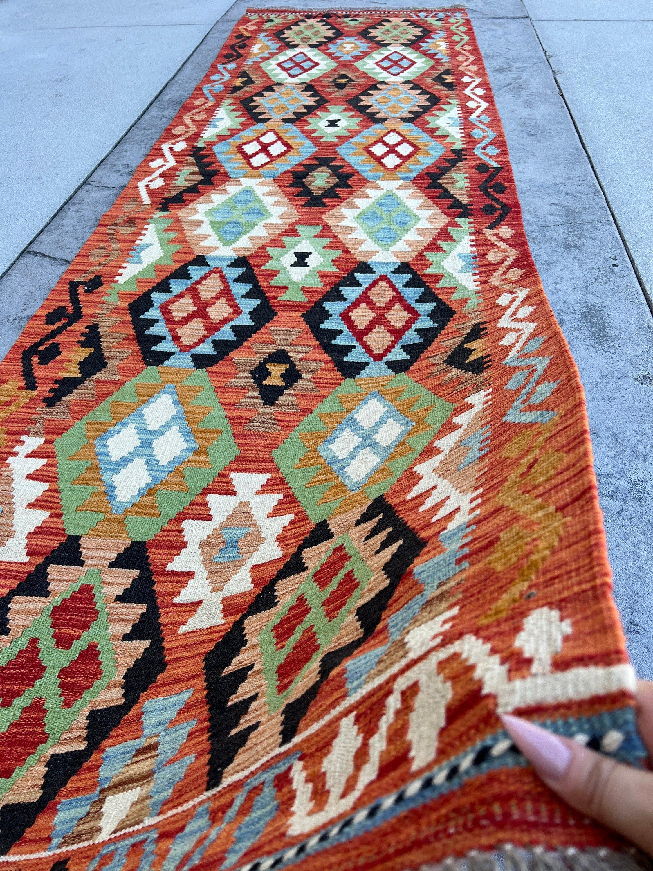 3x10 (90x305) Handmade Afghan Kilim Runner Rug | Red Sky Blue Chocolate Brown Olive Green Orange | Flat Weave Turkish Moroccan Oriental Wool