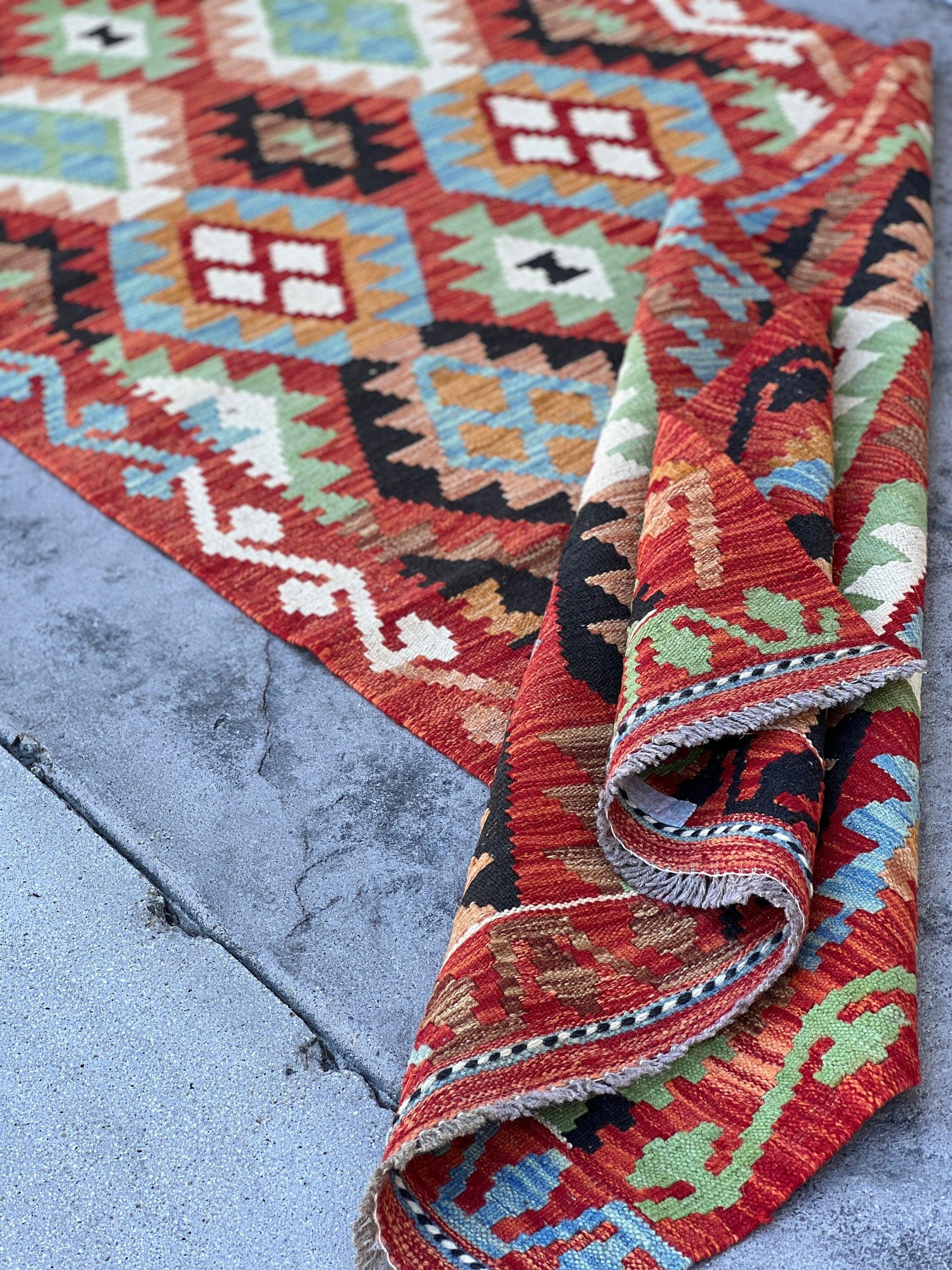 3x10 (90x305) Handmade Afghan Kilim Runner Rug | Red Sky Blue Chocolate Brown Olive Green Orange | Flat Weave Turkish Moroccan Oriental Wool