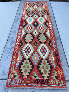 3x10 (90x305) Handmade Afghan Kilim Runner Rug | Red Sky Blue Chocolate Brown Olive Green Orange | Flat Weave Turkish Moroccan Oriental Wool