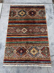 3x4 (90x120) Handmade Afghan Rug | Chocolate Brown Red Maroon Burnt Orange Green Denim Blue Ivory White Orange Beige Cream | Tribal Wool