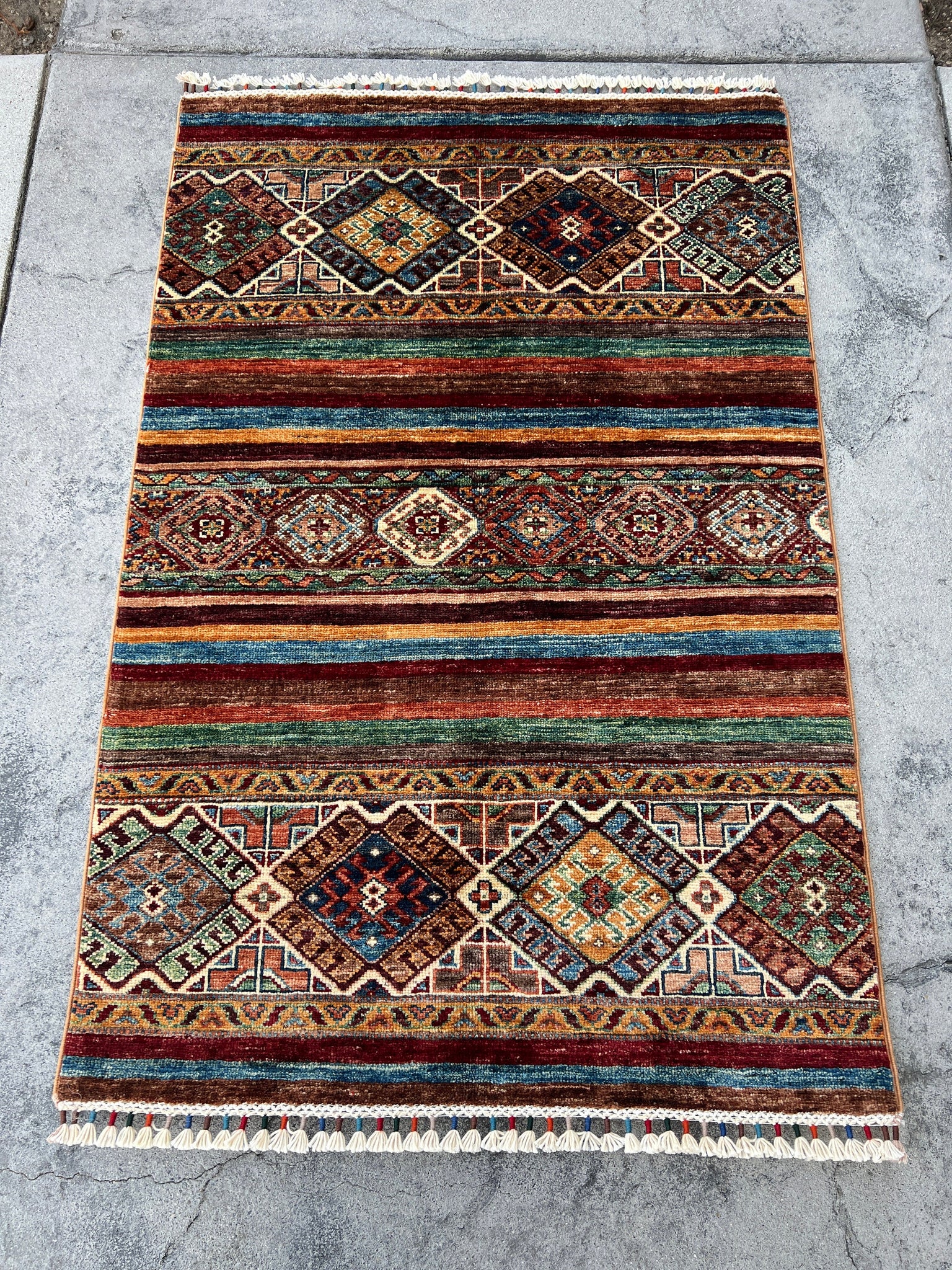 3x4~3x5 Handmade Afghan Rug | Chocolate Brown Red Maroon Burnt Orange Green Denim Blue Ivory White Orange Beige Cream | Tribal Wool