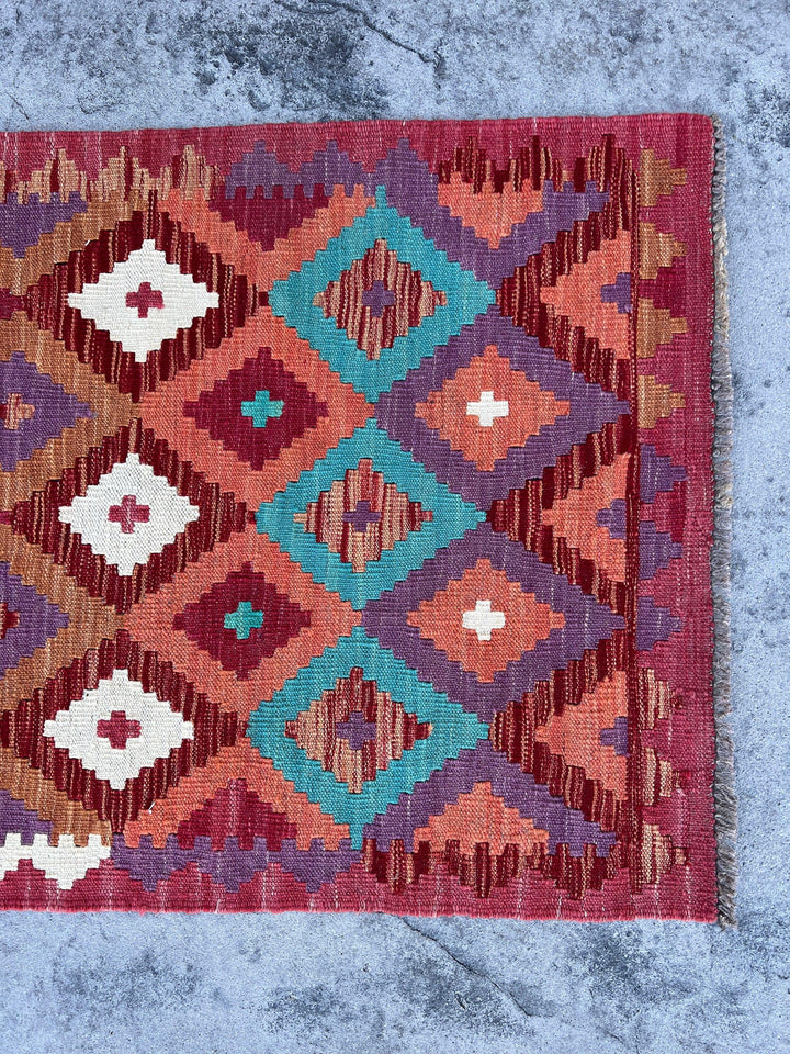 3x10 (90x305) Handmade Afghan Kilim Runner Rug | Maroon Lilac Purple Sky Blue Teal Salmon Pink Brown Mustard Yellow Coral | Flat Weave