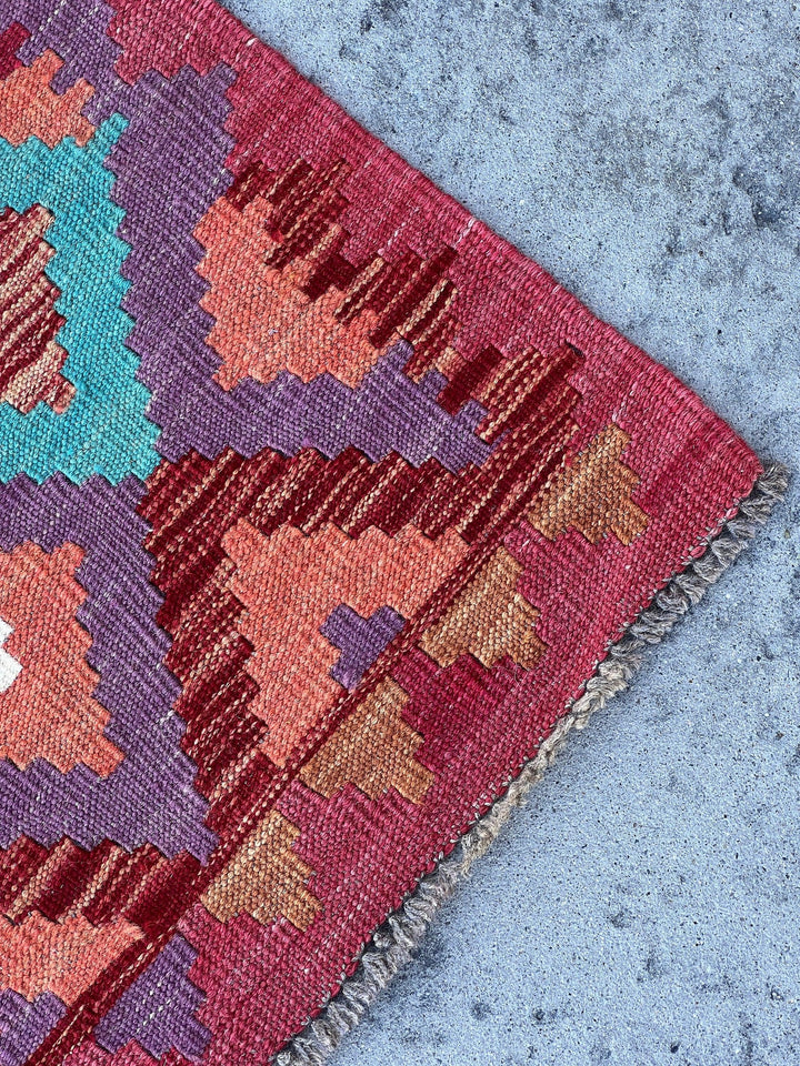 3x10 (90x305) Handmade Afghan Kilim Runner Rug | Maroon Lilac Purple Sky Blue Teal Salmon Pink Brown Mustard Yellow Coral | Flat Weave