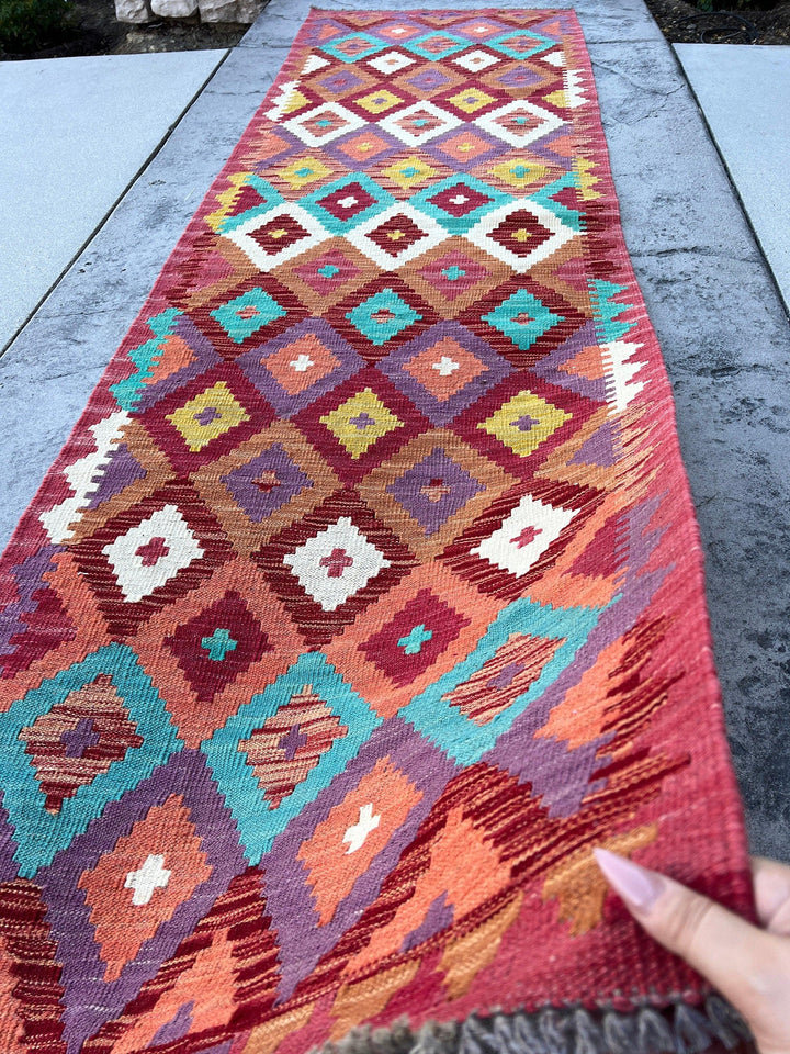 3x10 (90x305) Handmade Afghan Kilim Runner Rug | Maroon Lilac Purple Sky Blue Teal Salmon Pink Brown Mustard Yellow Coral | Flat Weave