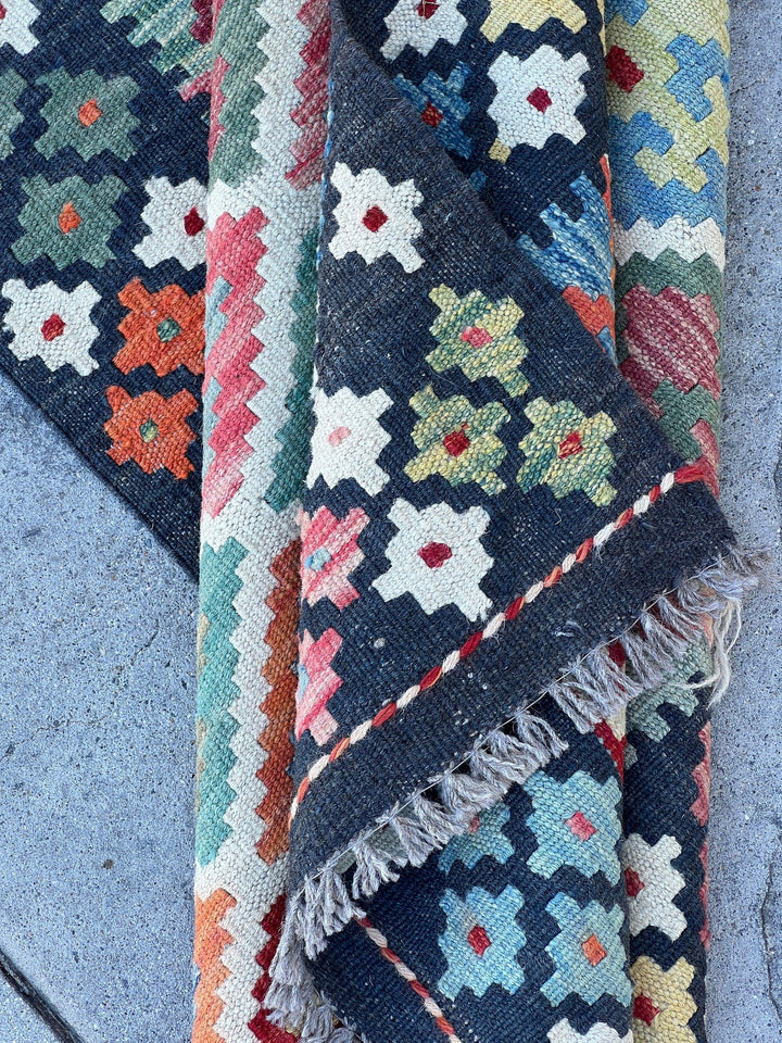 3x20 (90x610) Handmade Kilim Afghan Runner Rug | Midnight Blue Lime Moss Green Blue Red Turquoise Teal Orange | Flat Weave Tribal Turkish