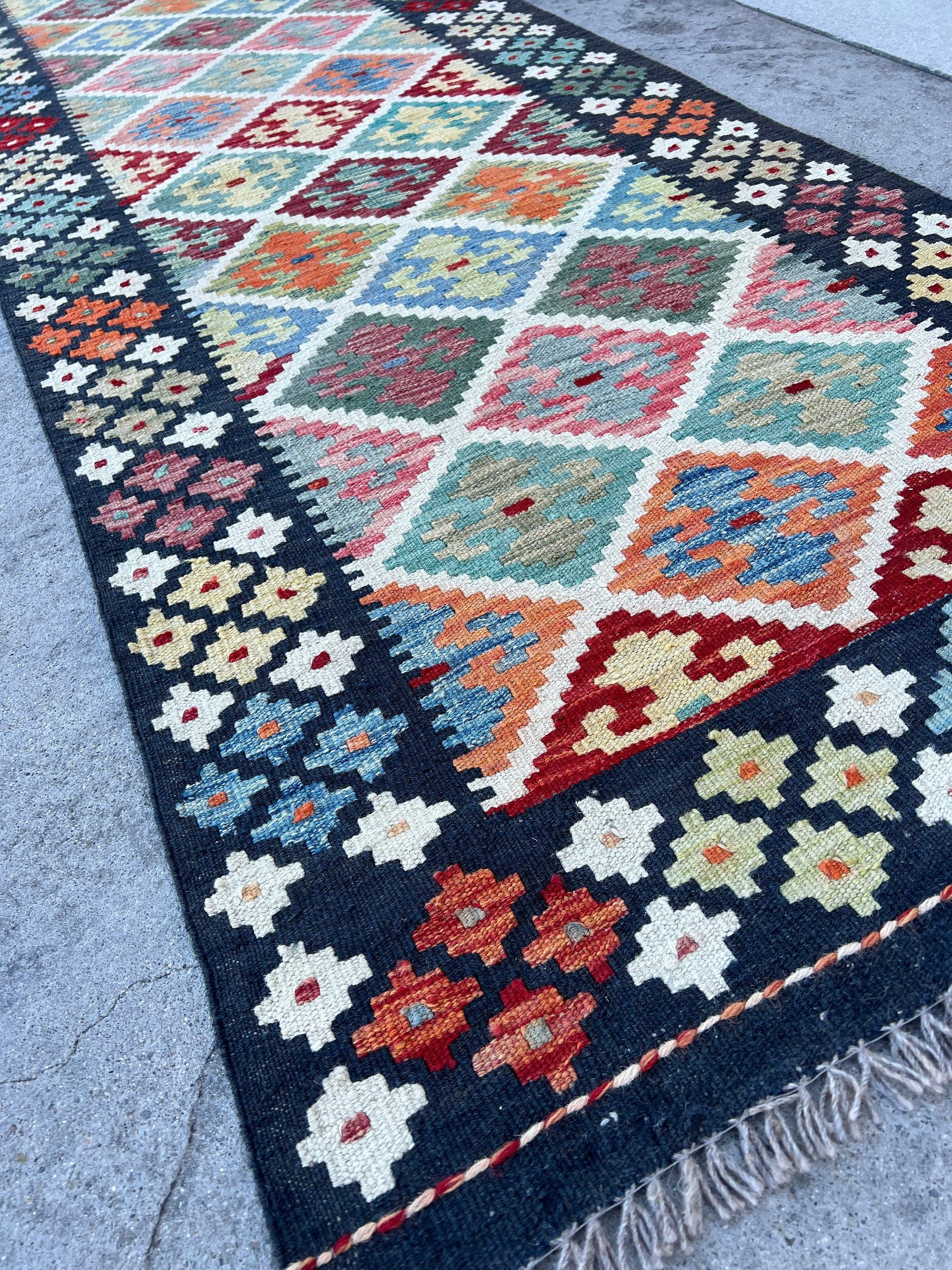 3x20 (90x610) Handmade Kilim Afghan Runner Rug | Midnight Blue Lime Moss Green Blue Red Turquoise Teal Orange | Flat Weave Tribal Turkish