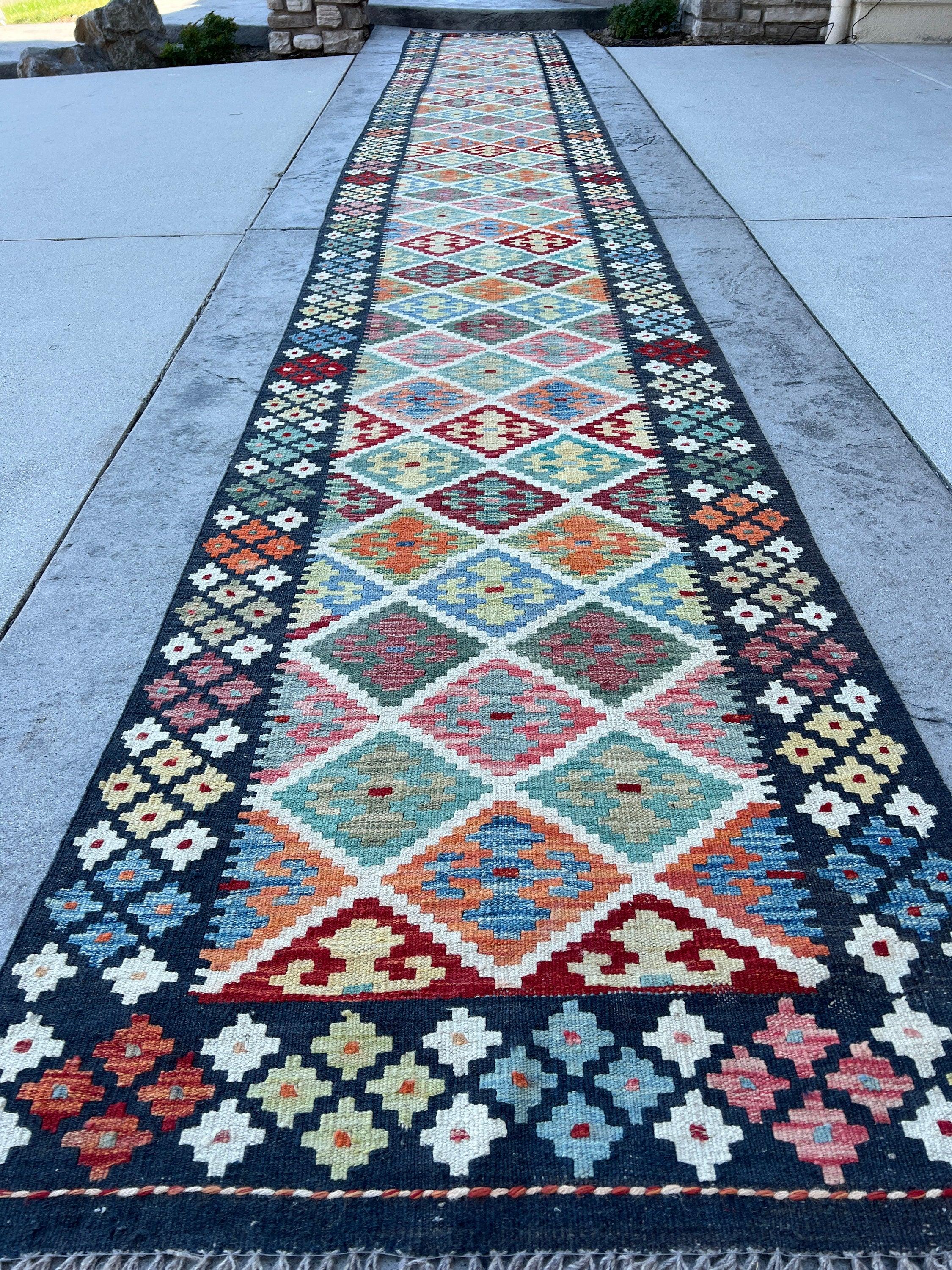 3x20 (90x610) Handmade Kilim Afghan Runner Rug | Midnight Blue Lime Moss Green Blue Red Turquoise Teal Orange | Flat Weave Tribal Turkish