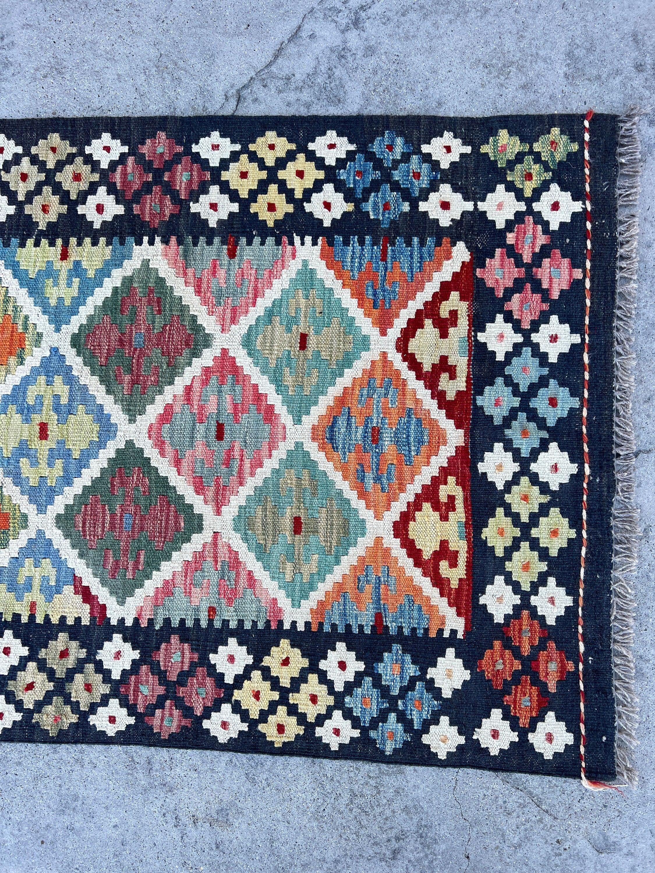 3x20 (90x610) Handmade Kilim Afghan Runner Rug | Midnight Blue Lime Moss Green Blue Red Turquoise Teal Orange | Flat Weave Tribal Turkish