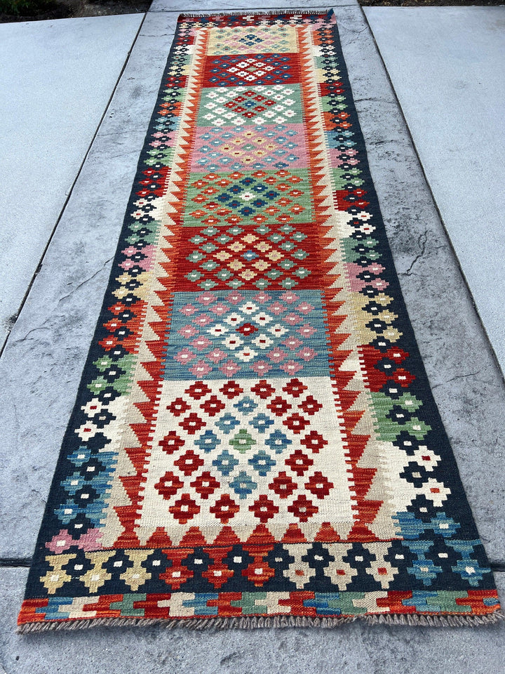 3x10 (90x305) Handmade Afghan Kilim Runner Rug | Orange Green Teal Yellow Midnight Blue Blush Pink Red Ivory Cream Beige  | Geometric Wool