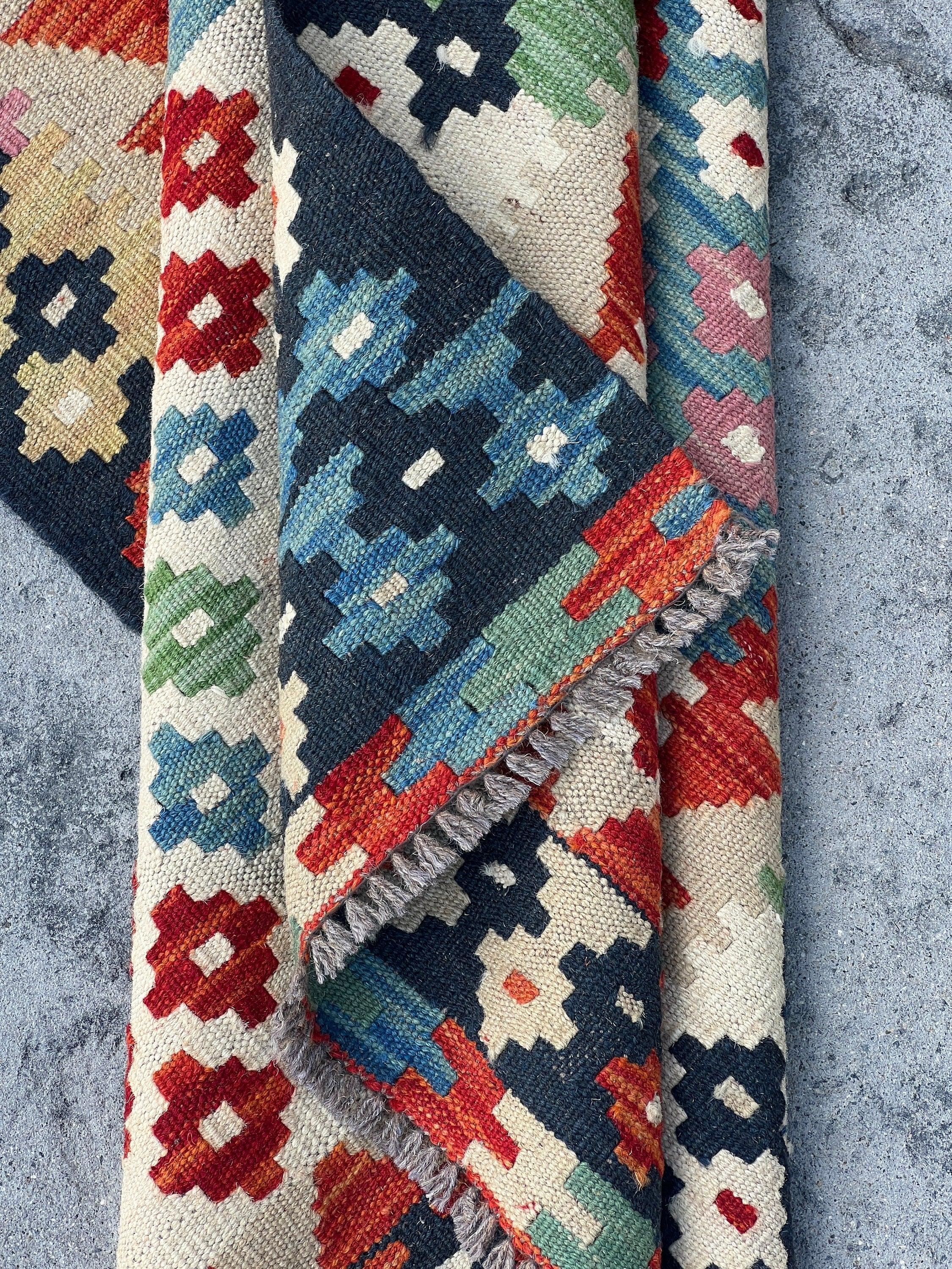 3x10 (90x305) Handmade Afghan Kilim Runner Rug | Orange Green Teal Yellow Midnight Blue Blush Pink Red Ivory Cream Beige  | Geometric Wool