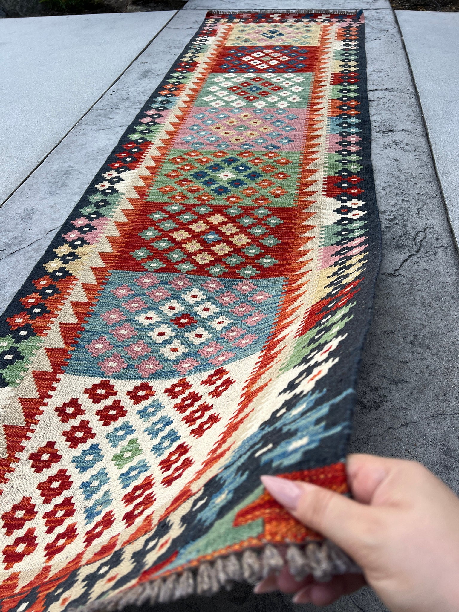 3x10 (90x305) Handmade Afghan Kilim Runner Rug | Orange Green Teal Yellow Midnight Blue Blush Pink Red Ivory Cream Beige  | Geometric Wool