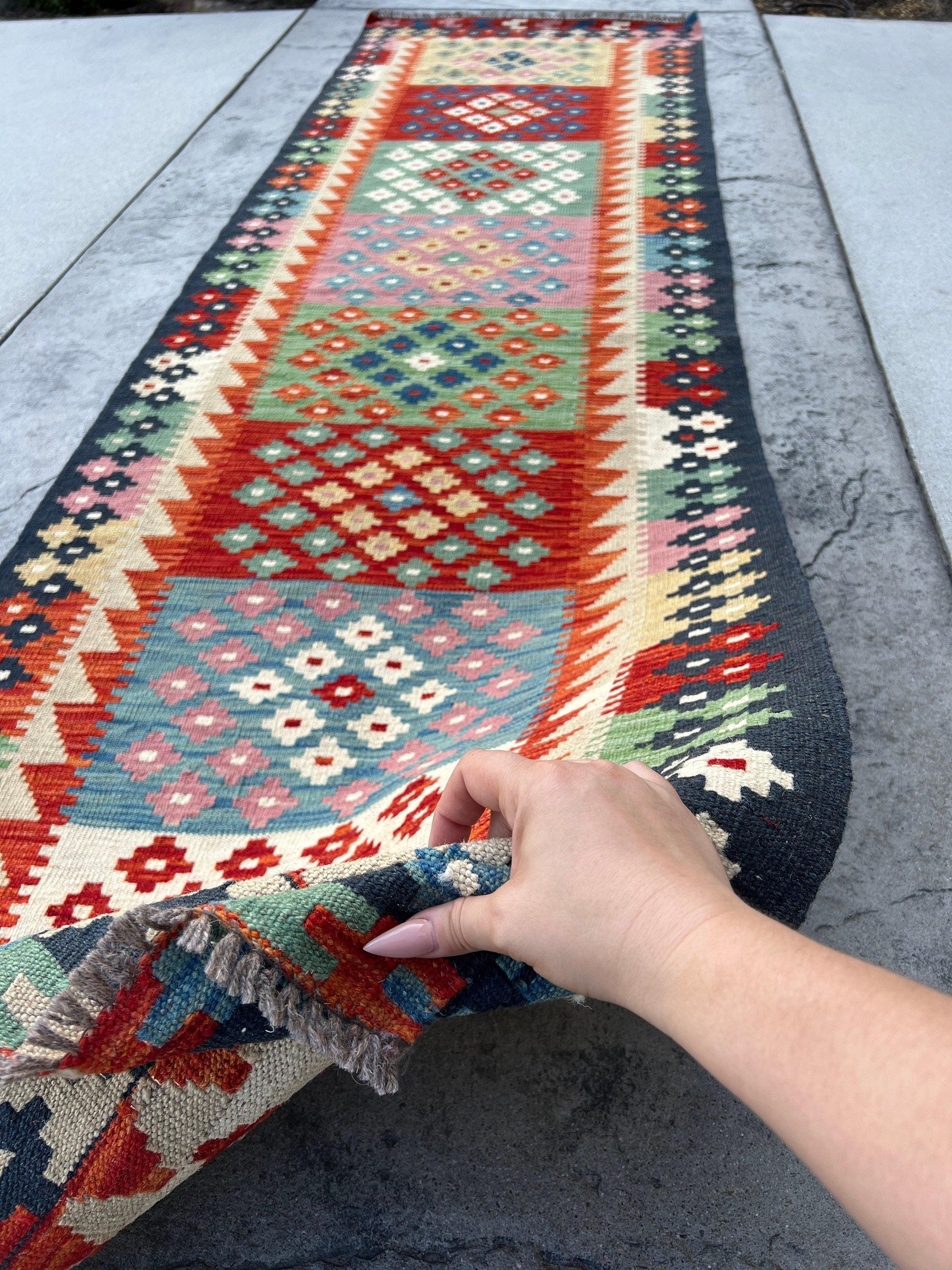 3x10 (90x305) Handmade Afghan Kilim Runner Rug | Orange Green Teal Yellow Midnight Blue Blush Pink Red Ivory Cream Beige  | Geometric Wool