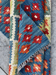 3x16 (90x490) Handmade Kilim Afghan Runner Rug | Teal Lime Green Burnt Orange Cream Beige Ivory Brick Red Blue | Flat Weave Tribal Nomadic