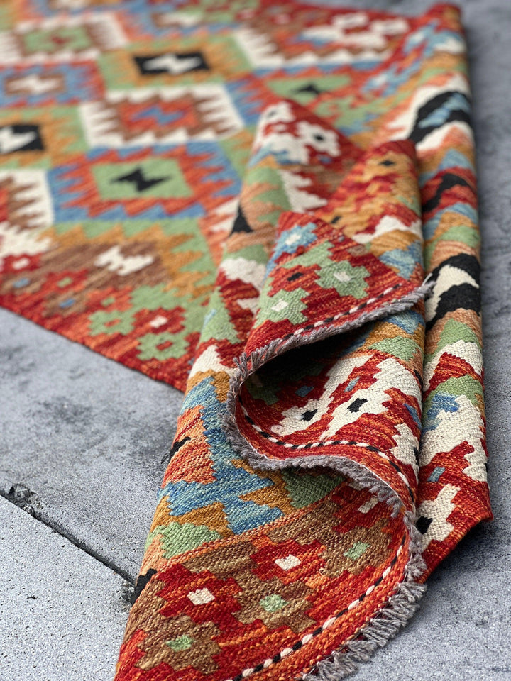 3x10 (90x305) Handmade Afghan Kilim Runner Rug | Red Blue Coral Black Ivory Beige Sky Blue Orange Lime Green Golden Brown| Geometric Wool