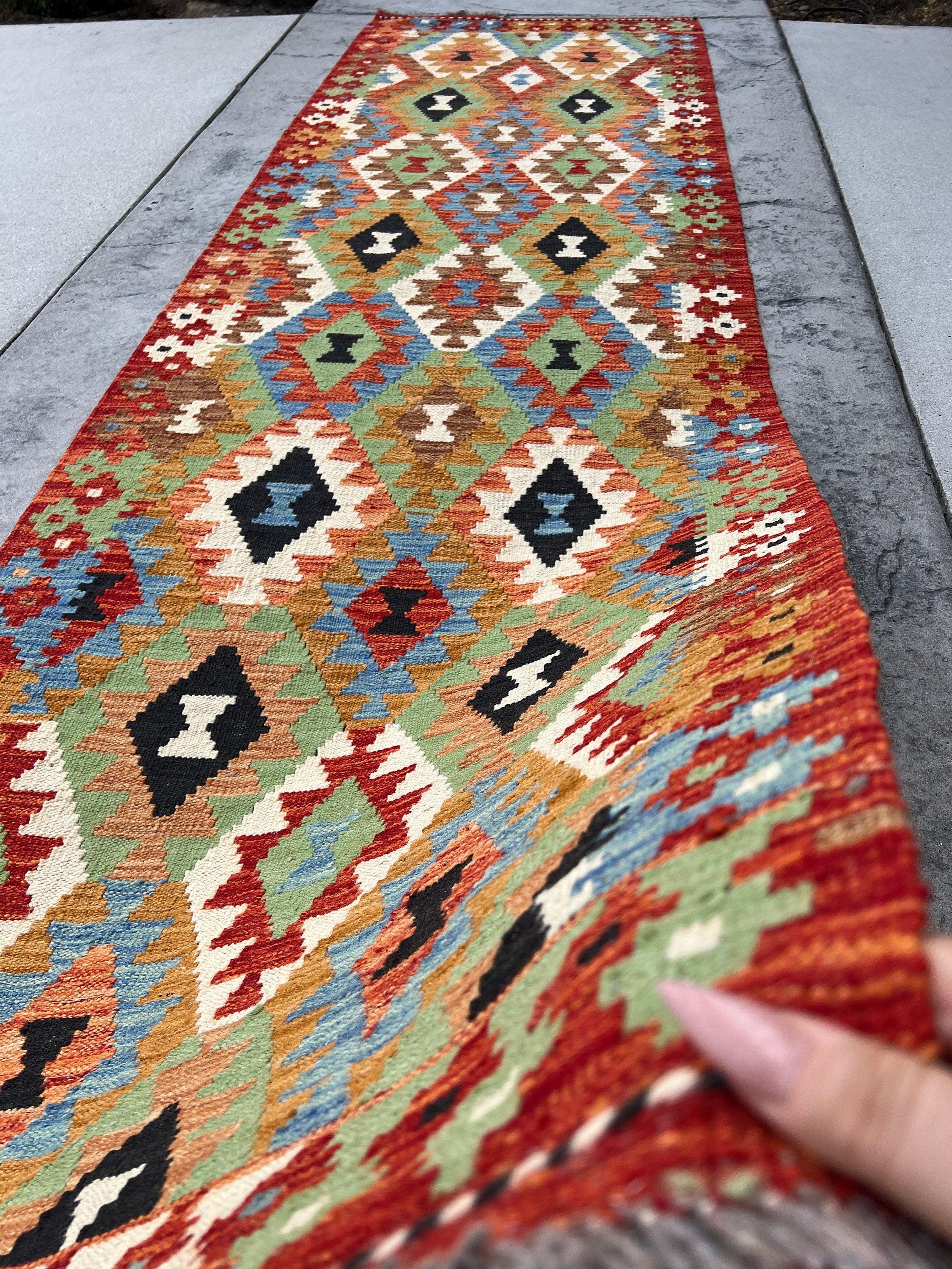 3x10 (90x305) Handmade Afghan Kilim Runner Rug | Red Blue Coral Black Ivory Beige Sky Blue Orange Lime Green Golden Brown| Geometric Wool