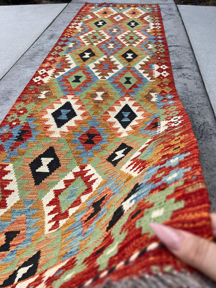 3x10 (90x305) Handmade Afghan Kilim Runner Rug | Red Blue Coral Black Ivory Beige Sky Blue Orange Lime Green Golden Brown| Geometric Wool