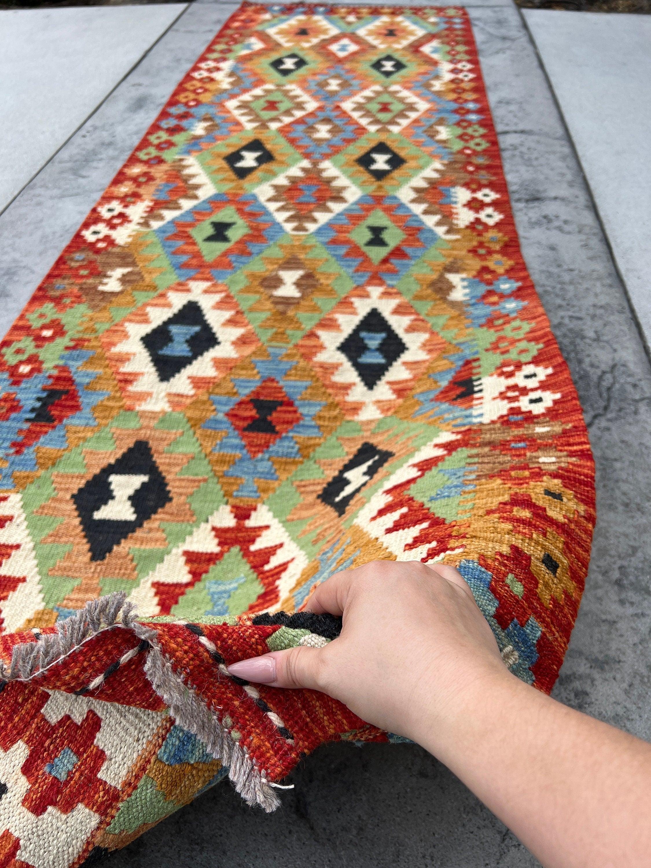 3x10 (90x305) Handmade Afghan Kilim Runner Rug | Red Blue Coral Black Ivory Beige Sky Blue Orange Lime Green Golden Brown| Geometric Wool