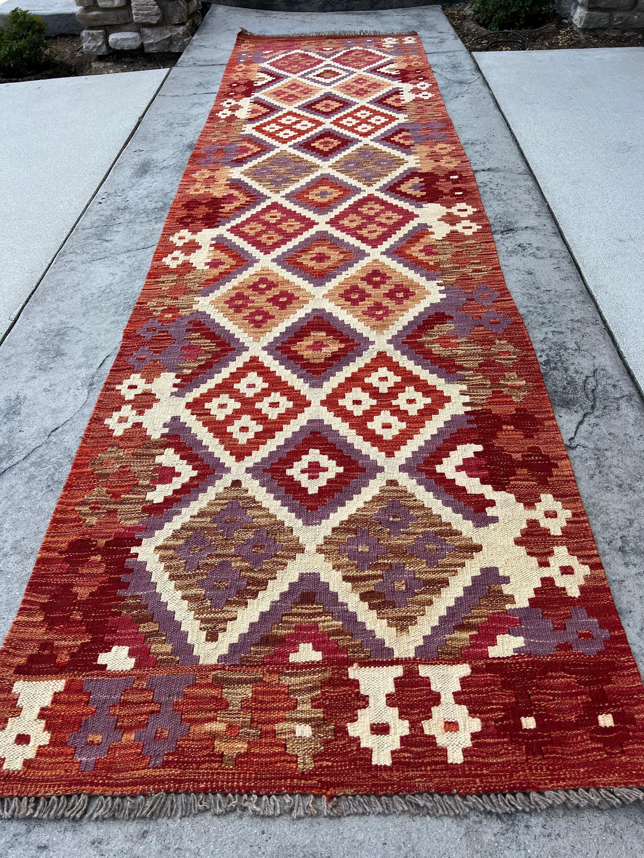 3x10 (90x305) Handmade Afghan Kilim Runner Rug | Red Chocolate Brown Cream Beige Violet Orange Maroon Mauve Brick Red | Geometric Wool