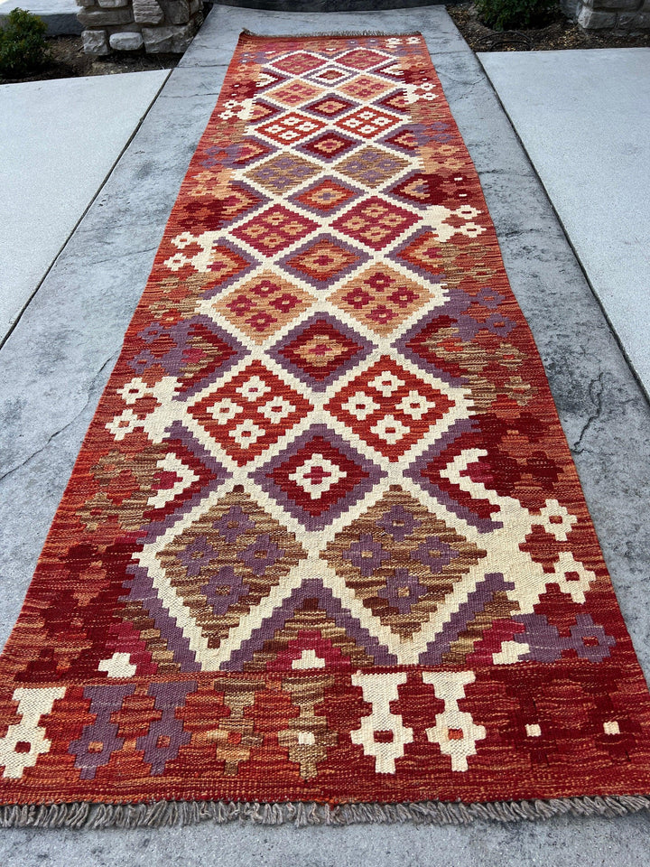 3x10 (90x305) Handmade Afghan Kilim Runner Rug | Red Chocolate Brown Cream Beige Violet Orange Maroon Mauve Brick Red | Geometric Wool