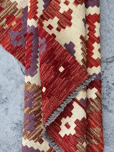 3x10 (90x305) Handmade Afghan Kilim Runner Rug | Red Chocolate Brown Cream Beige Violet Orange Maroon Mauve Brick Red | Geometric Wool