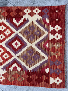 3x10 (90x305) Handmade Afghan Kilim Runner Rug | Red Chocolate Brown Cream Beige Violet Orange Maroon Mauve Brick Red | Geometric Wool