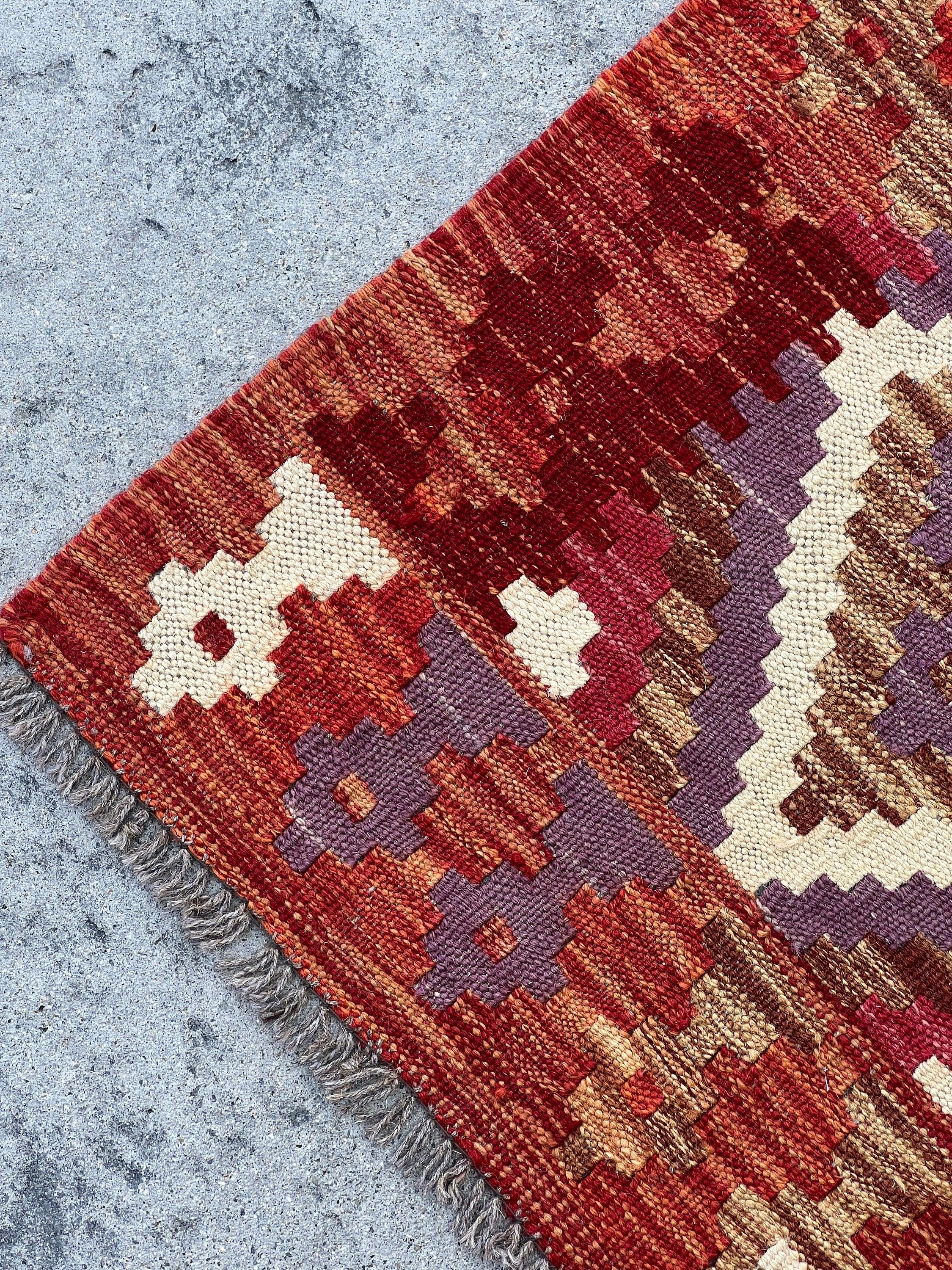 3x10 (90x305) Handmade Afghan Kilim Runner Rug | Red Chocolate Brown Cream Beige Violet Orange Maroon Mauve Brick Red | Geometric Wool