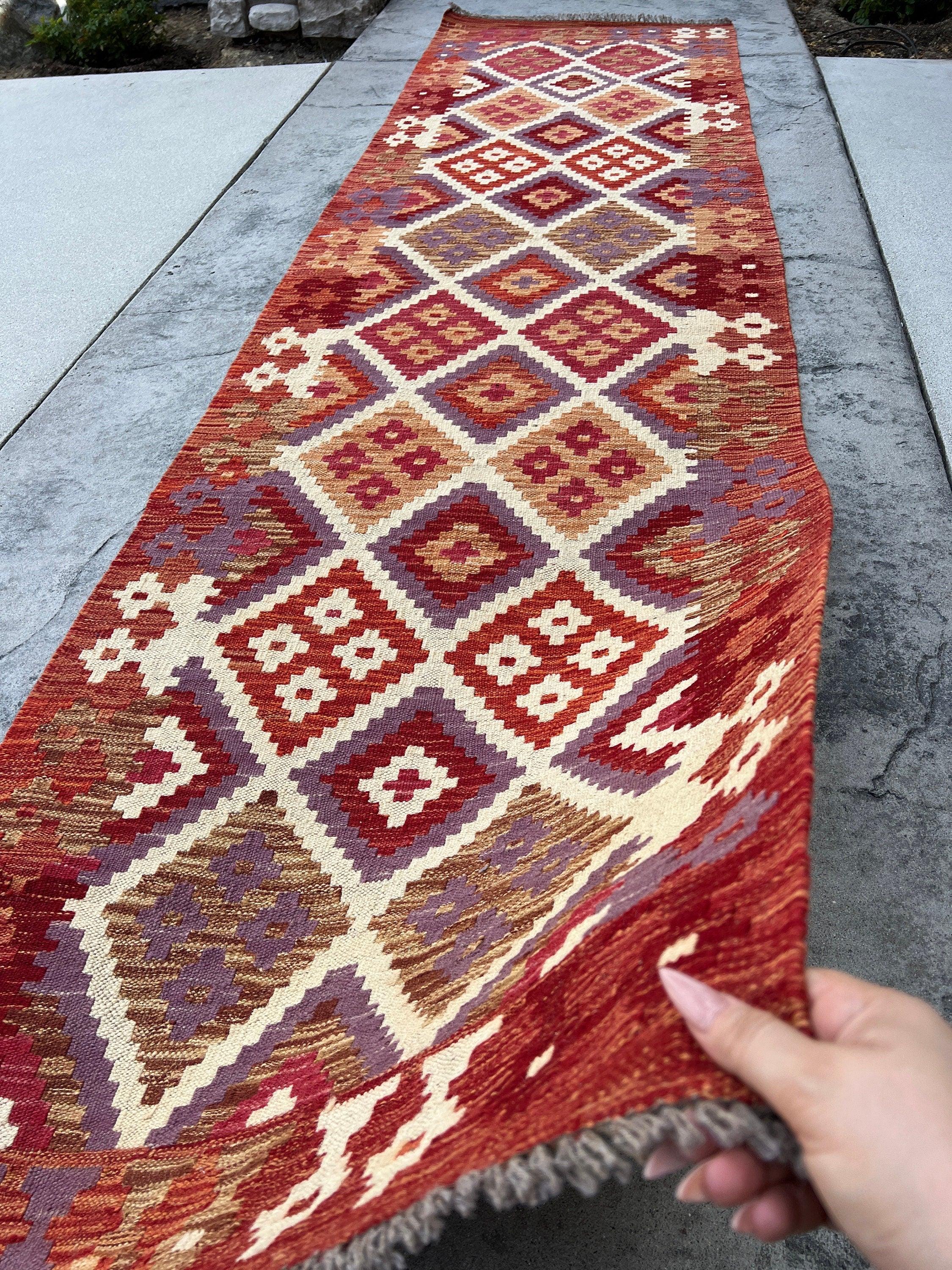 3x10 (90x305) Handmade Afghan Kilim Runner Rug | Red Chocolate Brown Cream Beige Violet Orange Maroon Mauve Brick Red | Geometric Wool