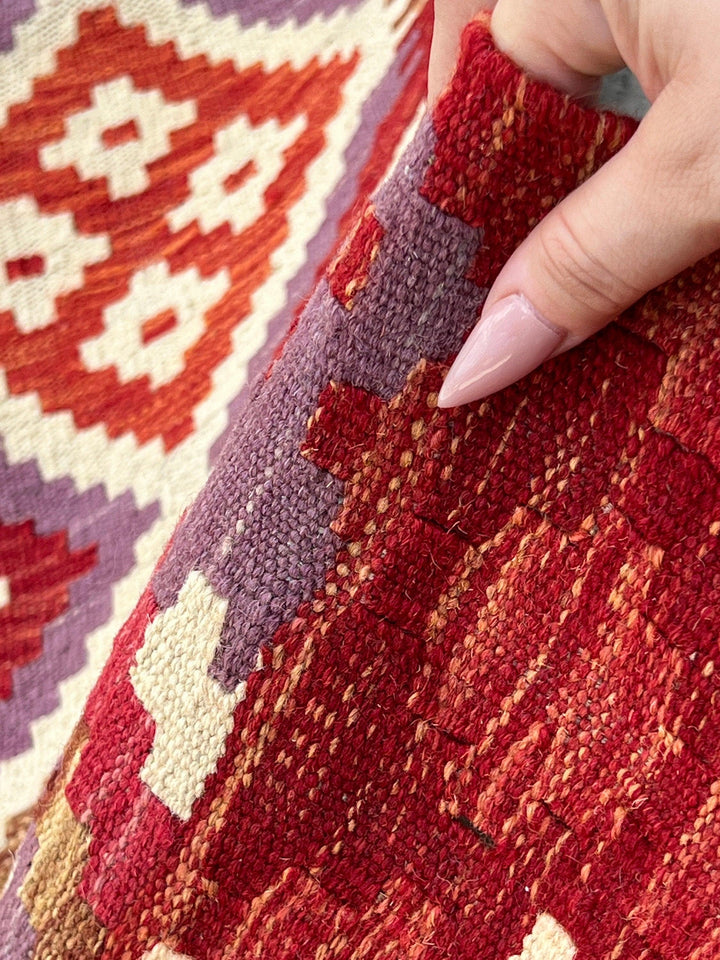 3x10 (90x305) Handmade Afghan Kilim Runner Rug | Red Chocolate Brown Cream Beige Violet Orange Maroon Mauve Brick Red | Geometric Wool