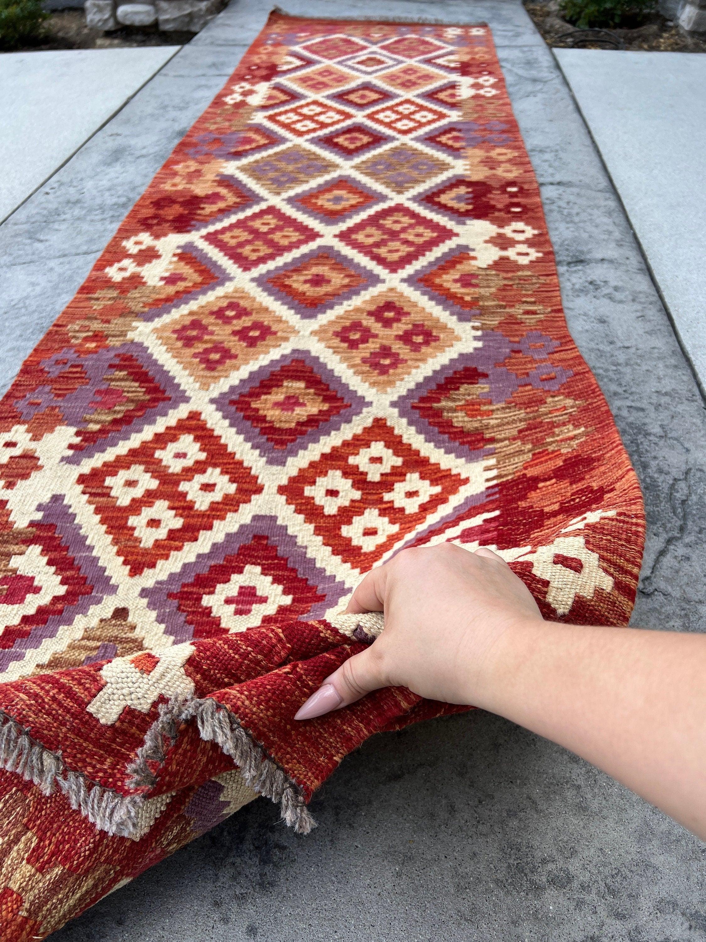 3x10 (90x305) Handmade Afghan Kilim Runner Rug | Red Chocolate Brown Cream Beige Violet Orange Maroon Mauve Brick Red | Geometric Wool