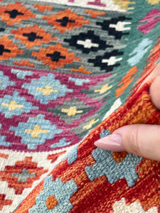 3x12 (90x365) Handmade Afghan Rug Runner | Orange Teal Grey Green Cream Beige Sky Blue Purple Black | Wool Hand Knotted  Outdoor Kilim