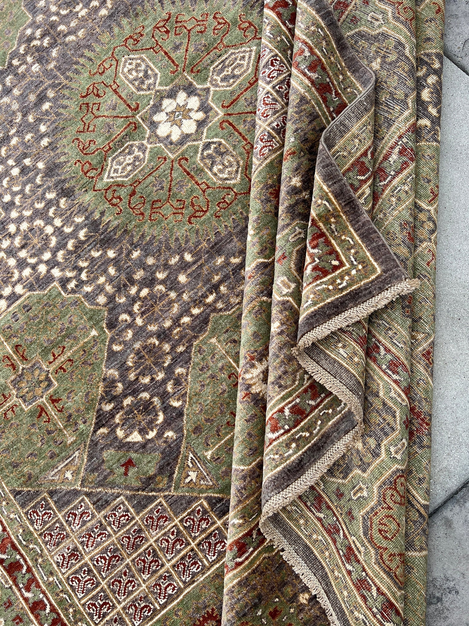 9x12 (270x365) Handmade Afghan Rug | Charcoal Grey Moss Green Brick Rust Red Ivory | Bokhara Turkmen Turkoman Ersari Oriental Turkish Wool