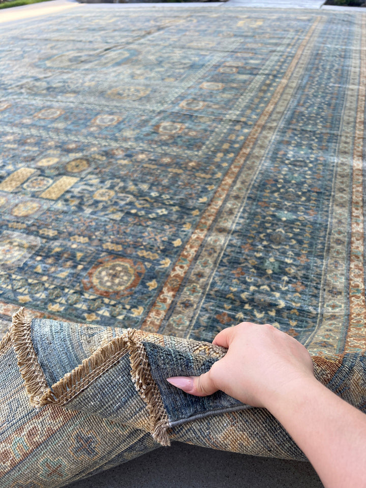 13x18 (400x550) Handmade Afghan Rug | Navy Blue Salmon Pink Burnt Orange Ivory Golden Brown Teal Sage Green | Turkish Animals Birds Persian