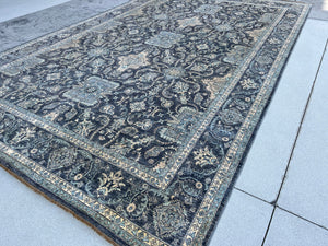 8x13 (245x400) Handmade Afghan Rug | Charcoal Grey Gray Teal Ivory  | Hand Knotted Turkish Oriental Persian