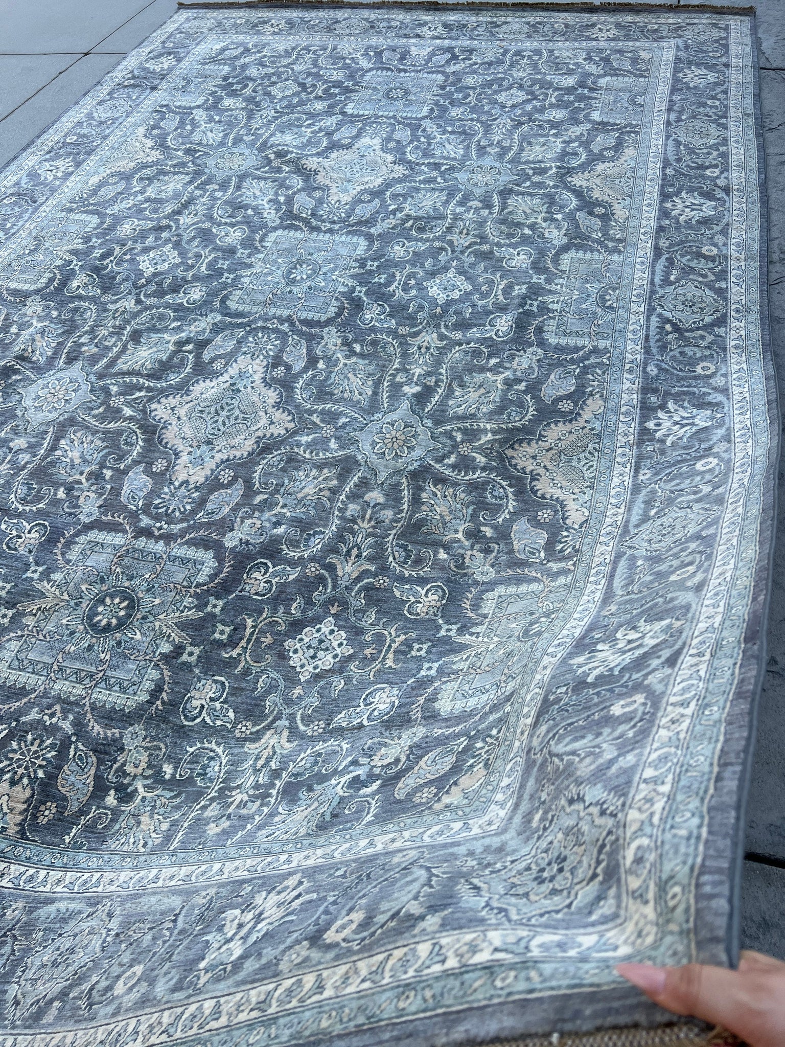 8x13 (245x400) Handmade Afghan Rug | Charcoal Grey Gray Teal Ivory  | Hand Knotted Turkish Oriental Persian