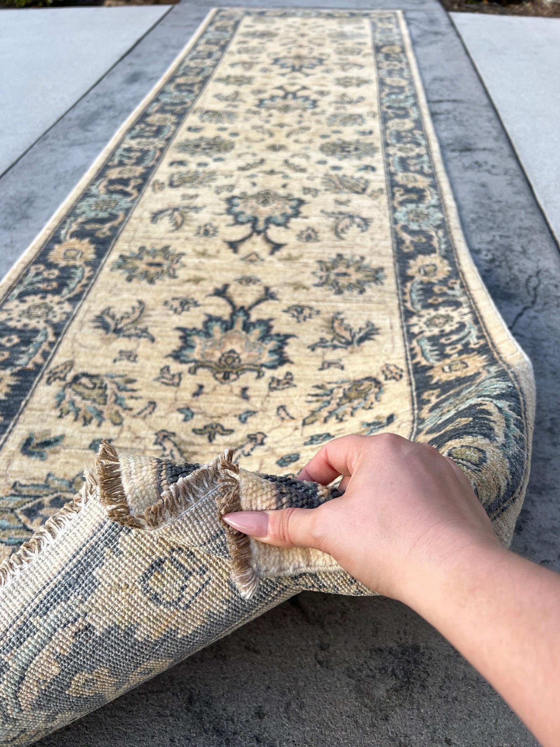 3x10 (90x335) Handmade Afghan Runner | Cream Beige Ivory Charcoal Grey Teal Turquoise Sage Green Mauve | Turkish Oushak Hallway Kitchen Wool