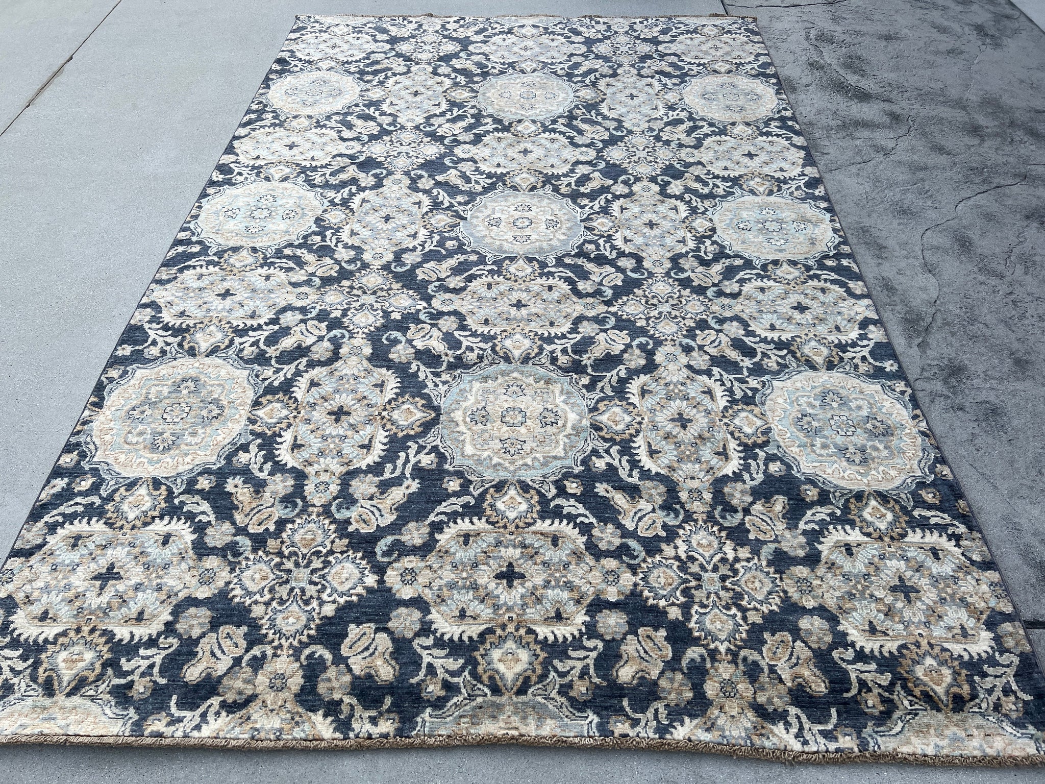 6x9 (180x275) Hand Knotted Handmade Afghan Rug | Charcoal Black Teal Beige Cream Gold Yellow Brown | Tribal Oriental Floral